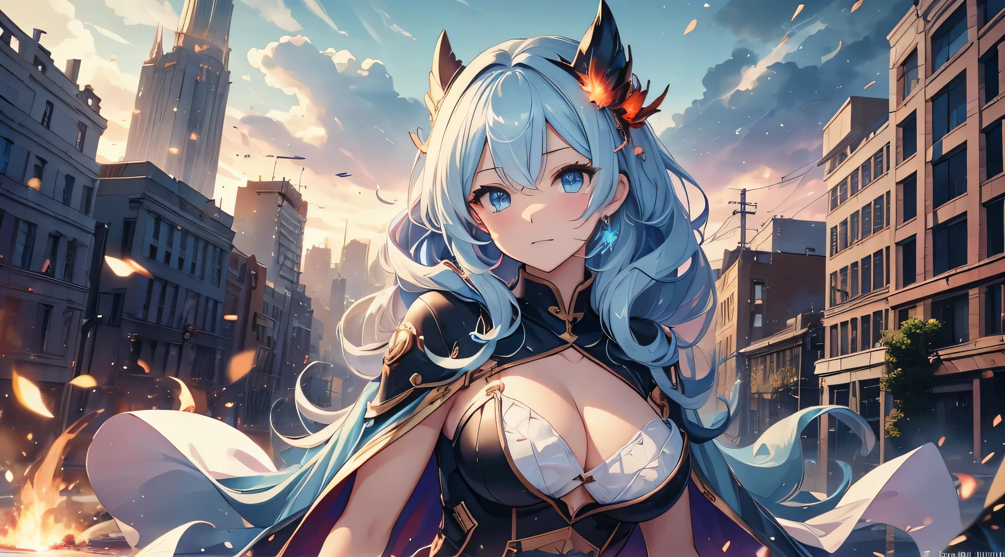 top-quality、Top image quality、masterpiece、teens girl((sixteen years old、 Ager、Best Bust、big bast,wide open breasts、Beautiful light blue eyerest, multicolored hair、A slender,Large valleys、Reflecting the whole body、Laugh、variegated hair、Black Hero Suit、red cloak、Red short skirt、Niō Standing、Cross your arms、Being in the air)),hiquality、Beautiful Art、Background with(( city of collapsed buildings、Explosion too、Explosive inflammation、fires)))、masutepiece、depth of fields,hero wind
