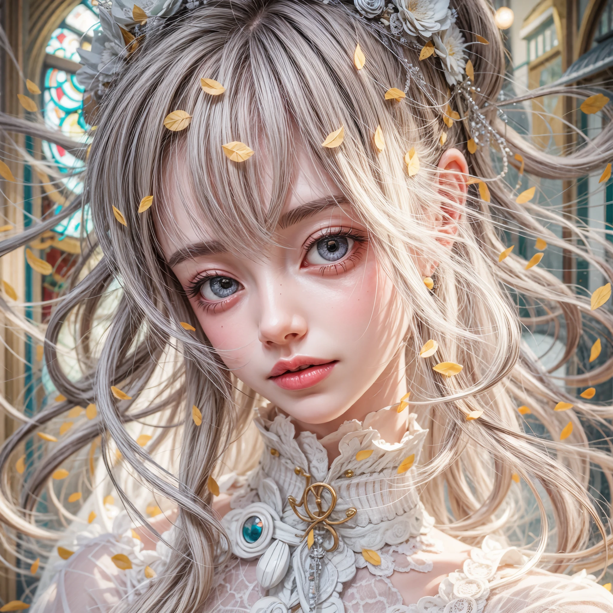 concept art, Tiny junior idol, Delicate lace knitted white clothes, (nipple:-0.9), (face closeup, (Dazzling stained glass Background)), (((Renbutsu Misako), vivid colorful Light shines through delicate stained glass:1.35, Dazzling Halo, Acutance:0.8)), {vivid red |Mystic sight | haze | lense Particle | lens flare | light Particle}. (masterpiece:1.2),(ultra-detailed:1.37),((realistic,photorealistic,photo-realistic:1.37)), (Extremely detailed KAWAII face variations, innocent expression variations), {rosy cheeks | intricate detailed eyes with sparkling highlights | long eyelashes with volume | subtle blush on the face}. {Mystic sight | haze | | blood stained crotch}, impeccable skin texture, captivating gaze, ((Dynamic-angle, physically-based rendering)), whole Body proportions and all limbs are anatomically accurate . full of flowers covering girl's body . (((tongue licking finger, correct hands, not Detailed fingers:-0.9)))