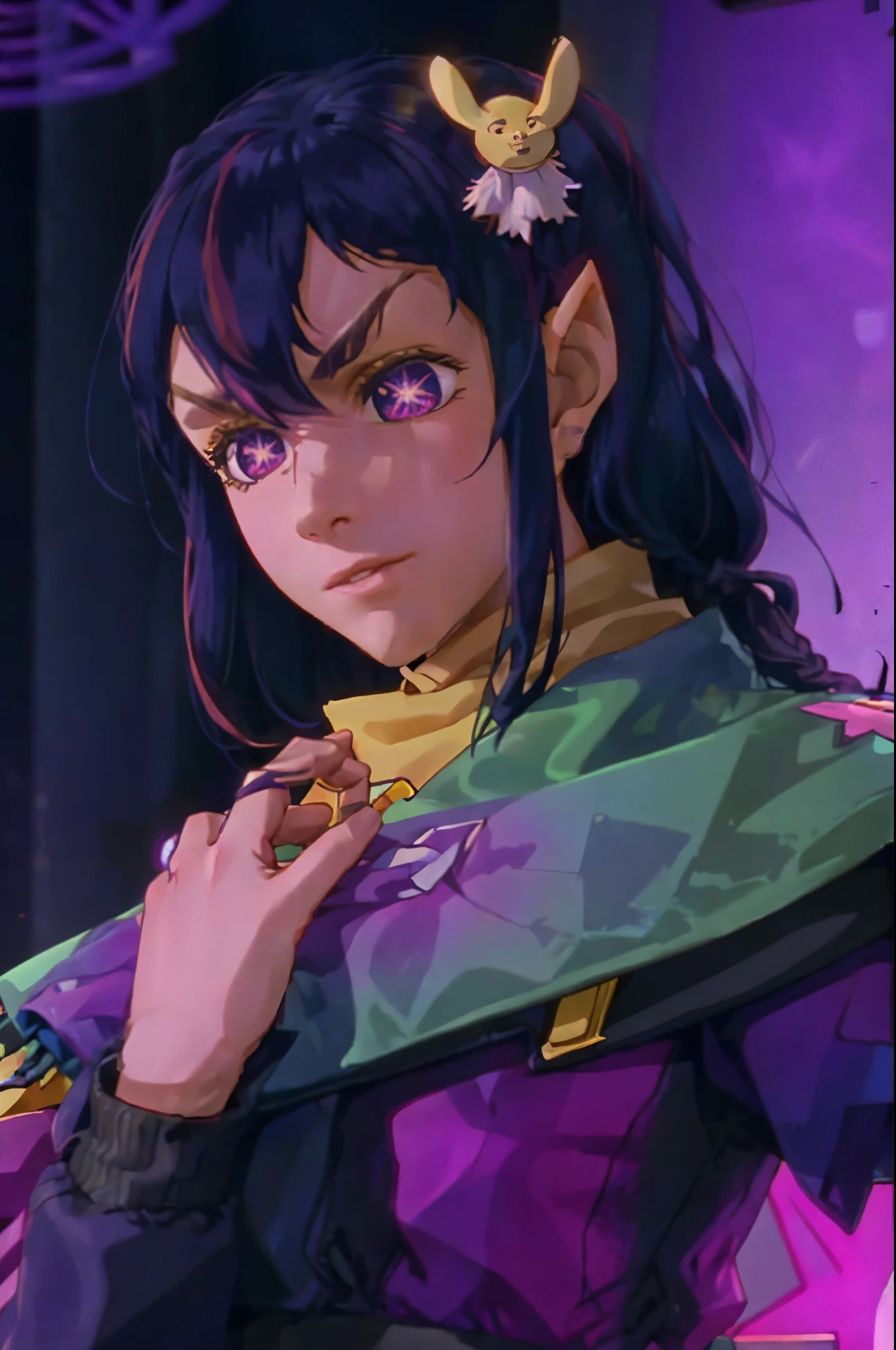 Hoshino Ai, long hair, purple hair, streaked hair ,purple eyes, star-shaped pupils, hair ornament, romulan pointy eyebrows pointy ears forehead ridge