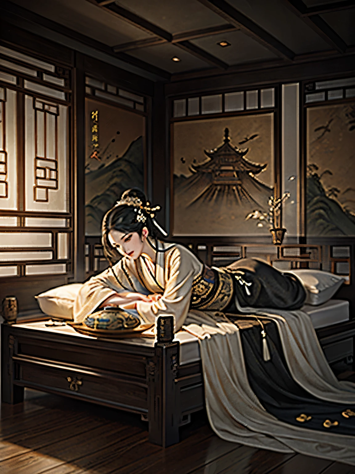 Ancient Girls,There is a mole at the corner of the mouth,Danfeng Eyes,sly,Charming,Full body photo,The background is an ancient wooden bed,Chinese Ancient Times,Classical ink painting