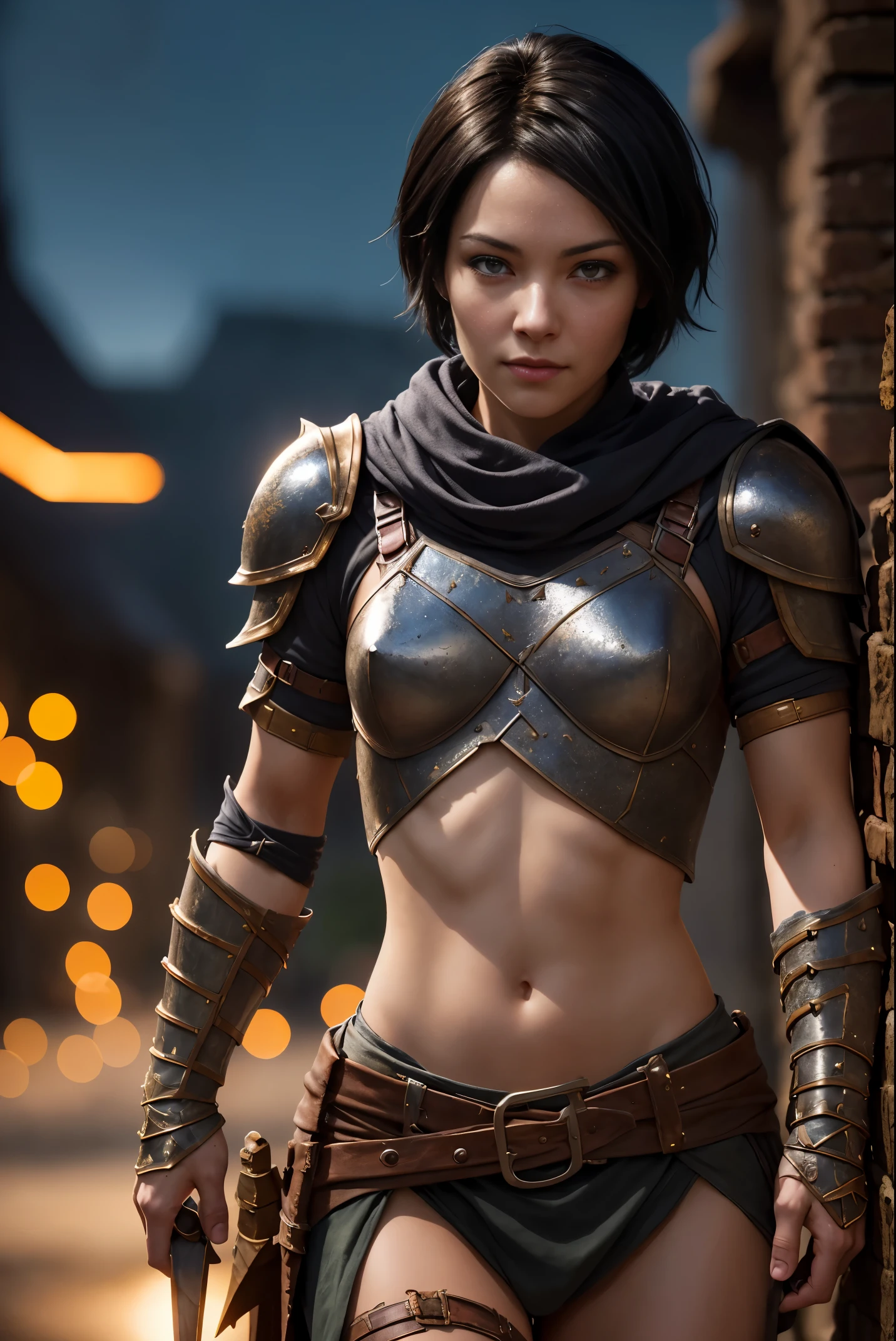 A beautiful female rogue, short black hair, D&D aesthetic, skimpy armour, high detail face, high detail skin, 8, HDR, high resolution, photo-realistic, cinematic lighting, depth of field, bokeh, rim lighting, backlit, cool colours, night