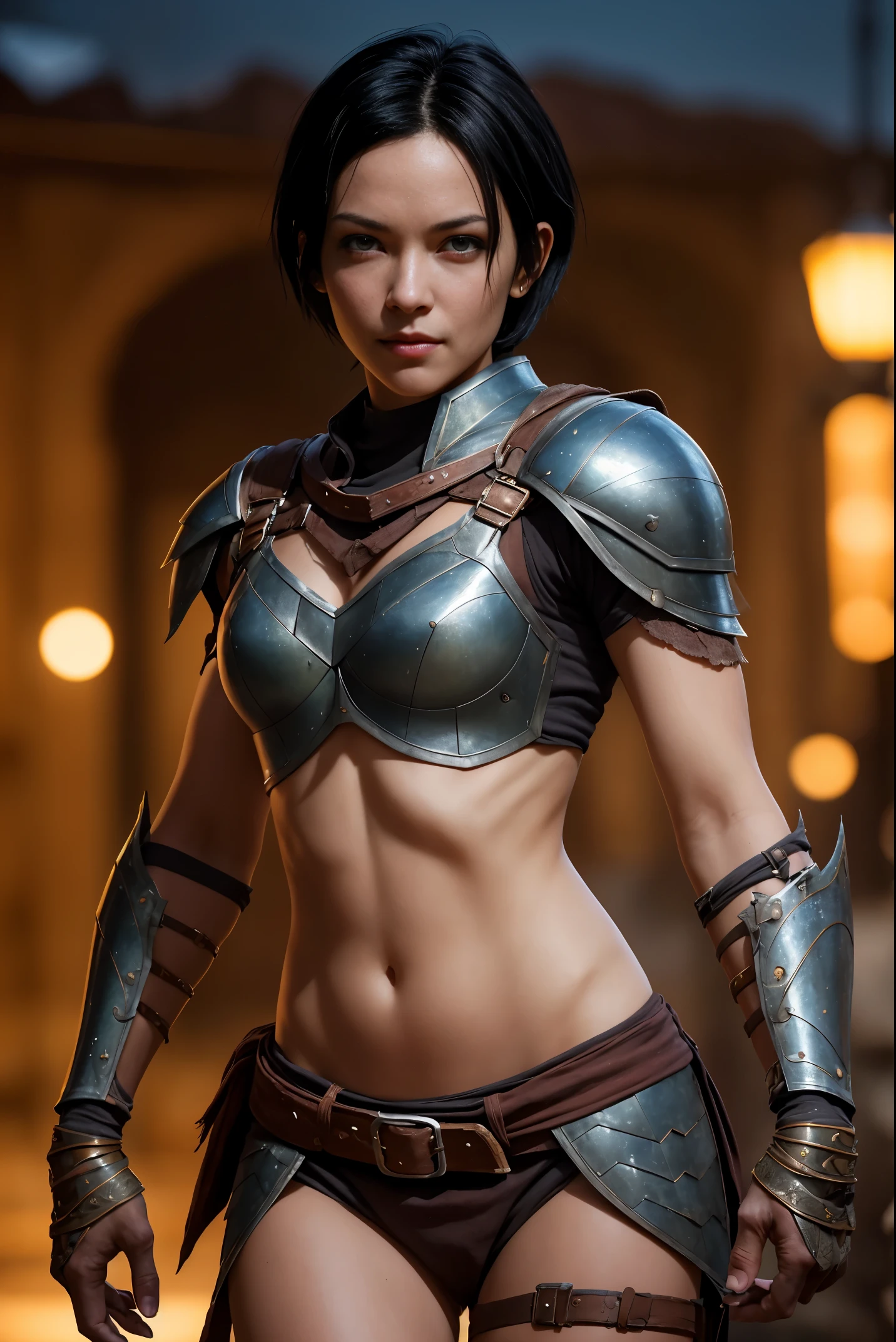 A beautiful female rogue, short black hair, D&D aesthetic, skimpy armour, high detail face, high detail skin, 8, HDR, high resolution, photo-realistic, cinematic lighting, depth of field, bokeh, rim lighting, backlit, cool colours, night