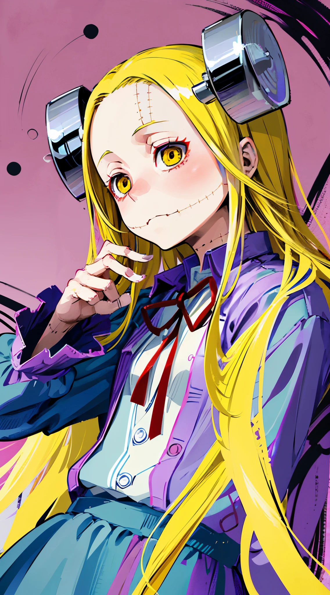 Madaraki_Fran,A girl ,stands,awkward,the madhatter ,surgeon ,wrinkles,concerned,((Points Forward)), hairlong , yellow hair,seams , Scars on the body , A creepy look , scary eyes , An intimidating look , creepy smile , bags under eyes, ((((Tired))))
