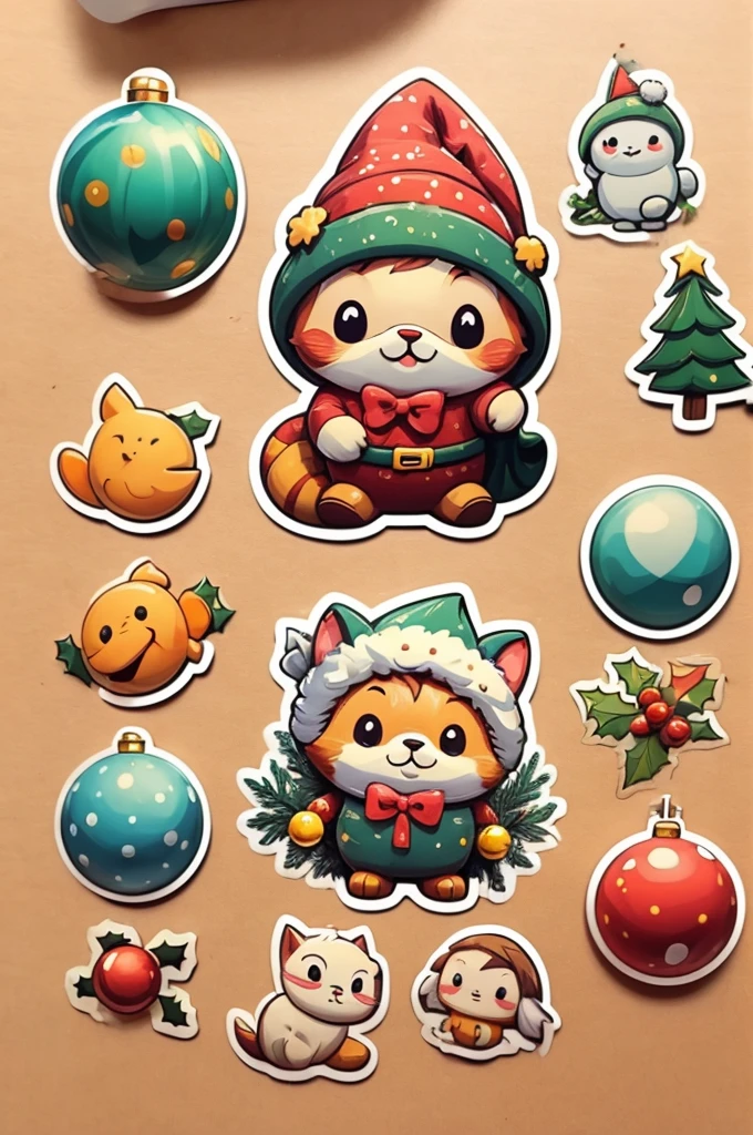 Sticker design, christmas Sticker, (Christmas hat, Christmas costume:1.2), Christmas elements, Funny, cute, 3D cartoon, by Richard Scarry, enhance, intricate, (masterpiece, Representative work, official art, Professional, unity 8k wallpaper:1.3)