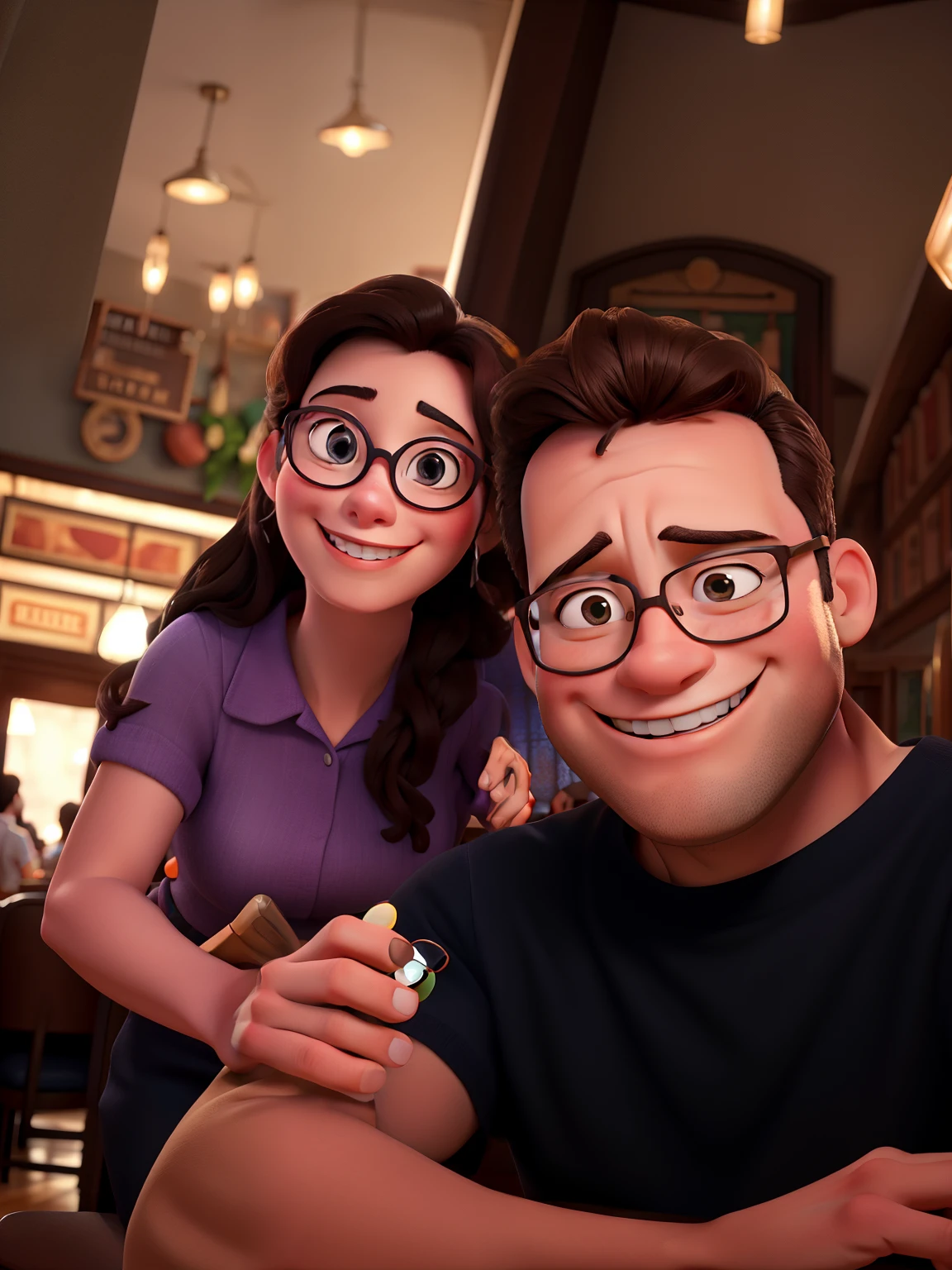 Disney Style Couple With Glasses Smiling In Restaurant.