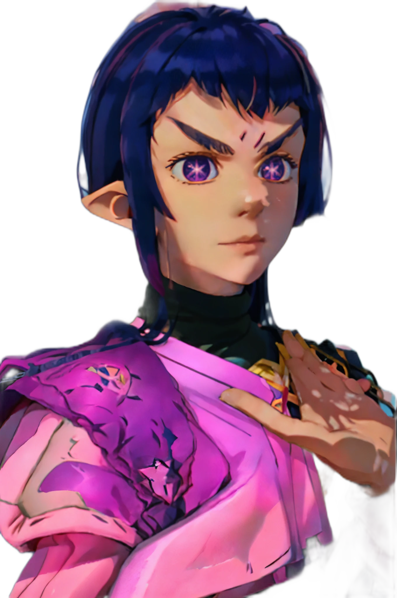 fullbody fullframe  Hoshino Ai, long hair, purple hair, streaked hair ,purple eyes, star-shaped pupils, hair ornament, klingon
forehead ridge
thick eyebrows
dark skin stash armour grumpy expressive emotions