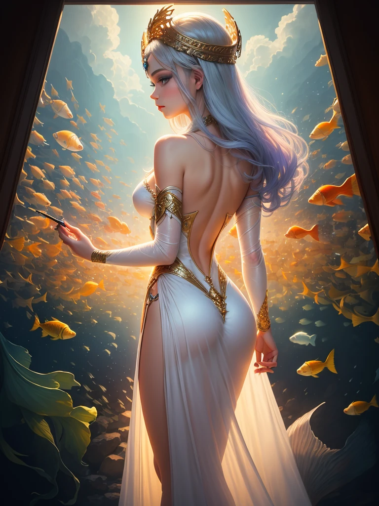 (The most realistic, 4K, A high resolution, tmasterpiece:1.2), Paintwork, Fantasyart:1.37, Sky with fluffy clouds:1.37, (sad cloud goddess:1.37, eyes with brightness, light colors hair, Elaborate makeup, Glowing skin, transparent costume, surrounded by a school of fish:1.37), The light from the back window  backlighted, Artwork in the style of Gustav Klimt, Whimsical art style, In Baiyun Paradise, beautiful fantasy art portrait