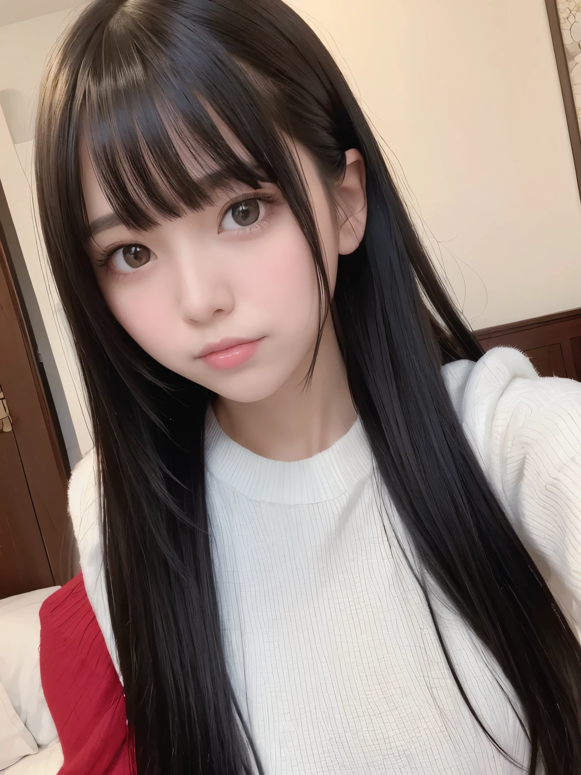 masterpiece, best quality,1girl, solo, black hair, realistic, long hair, black eyes, christmas crop, bangs, bedroom, soft smile, closed mouth, upper body, hime cut