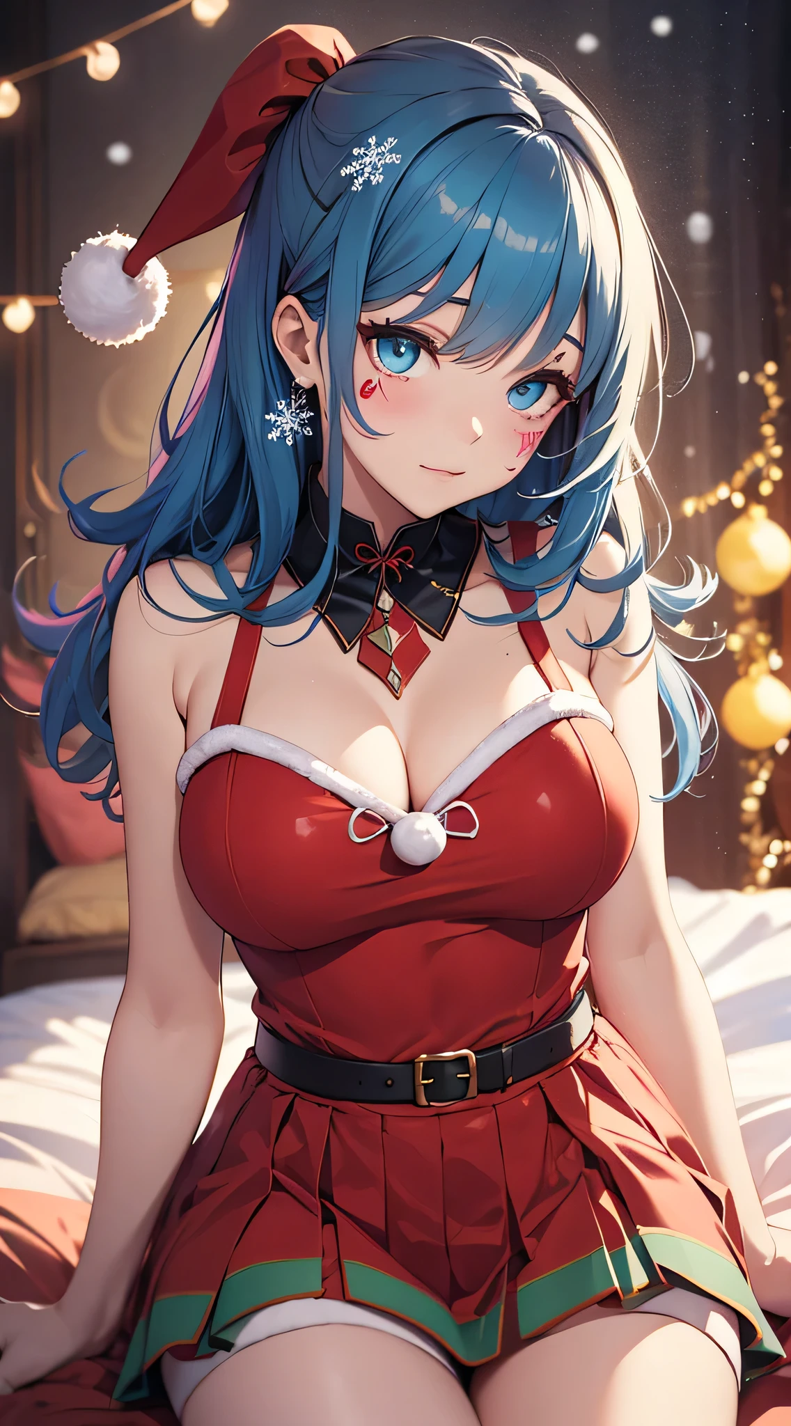 top-quality、Top image quality、masterpiece、s girl((santa style short skirt、santa style tank top、sixteen years old、 Ager、Best Bust、big bast,wide open breasts、Beautiful light blue eyerest, multicolored hair、A slender,Large valleys、dye one's cheeks red、Red Body Paint、Red Face Paint、be shy、heart mark、lying on the bed、Invite viewers、invite with both arms、dishevled hair)),hiquality、Beautiful Art、Background with(( natta、snowflakes falling、Nice and clean room.、Christmas Party、Party Venue、Christmas Lights、Christmas tree、christmas bed)))、masutepiece、depth of fields,