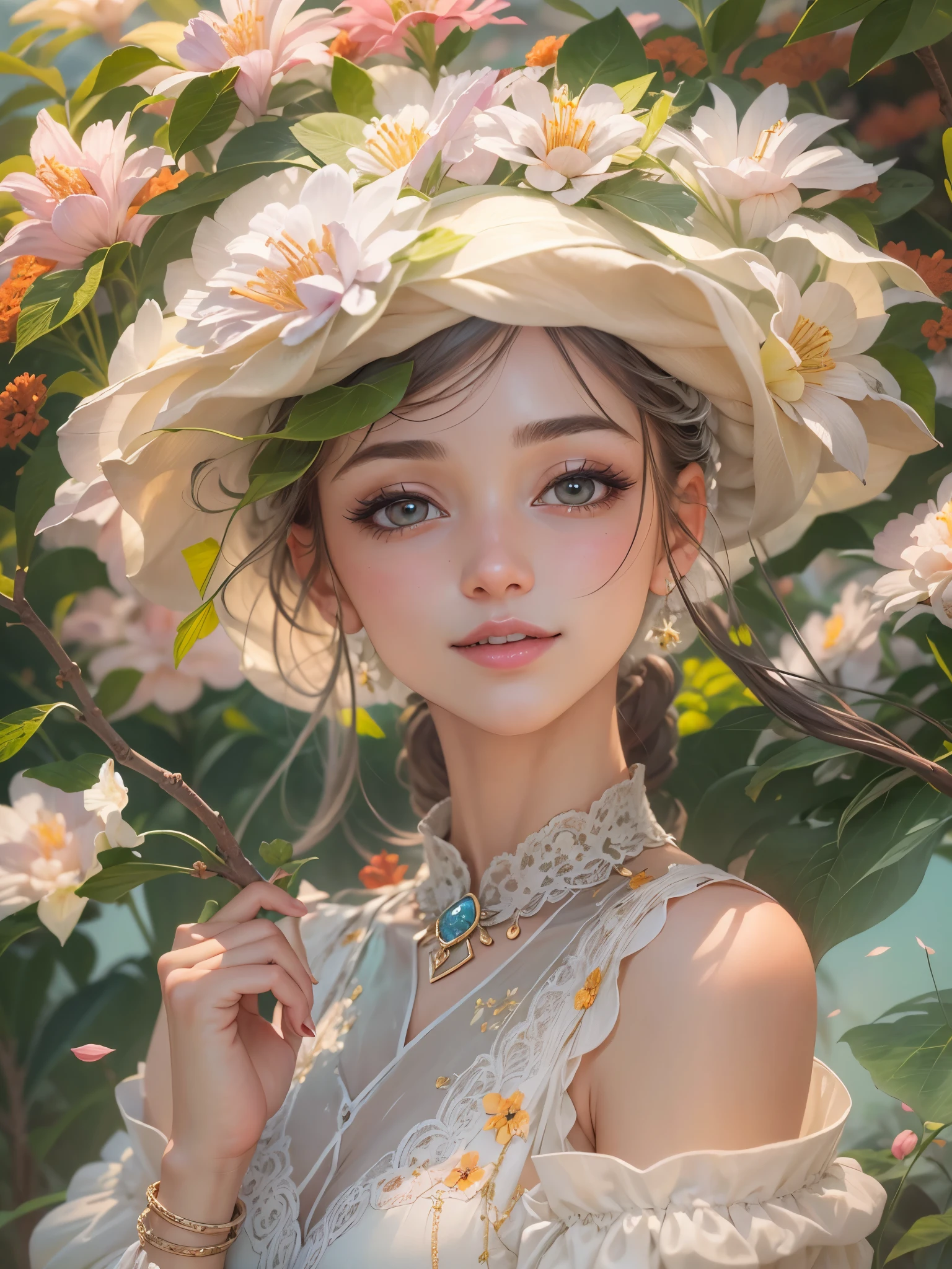 ((Finest quality)),(超A high resolution),(ultra-detailliert),(Meticulous portrayal),((Best CG)),(Finest works of art),Ultra-Precision Art,The art of astounding depiction,Art with precise depiction in every detail:1.5, ((Cultivated woman:1.8)),unclear:1.5,A slight smil:1.3, stars in the sky、flowers on the ground