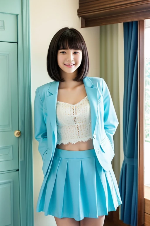 top-quality、masterpiece、real 18 year old woman、((I don't wear cut shirts))、Wearing a blazer、Mini Pleated Skirt、Light blue bra、The background is a cute room、Short black hair、a smile、hight resolution、