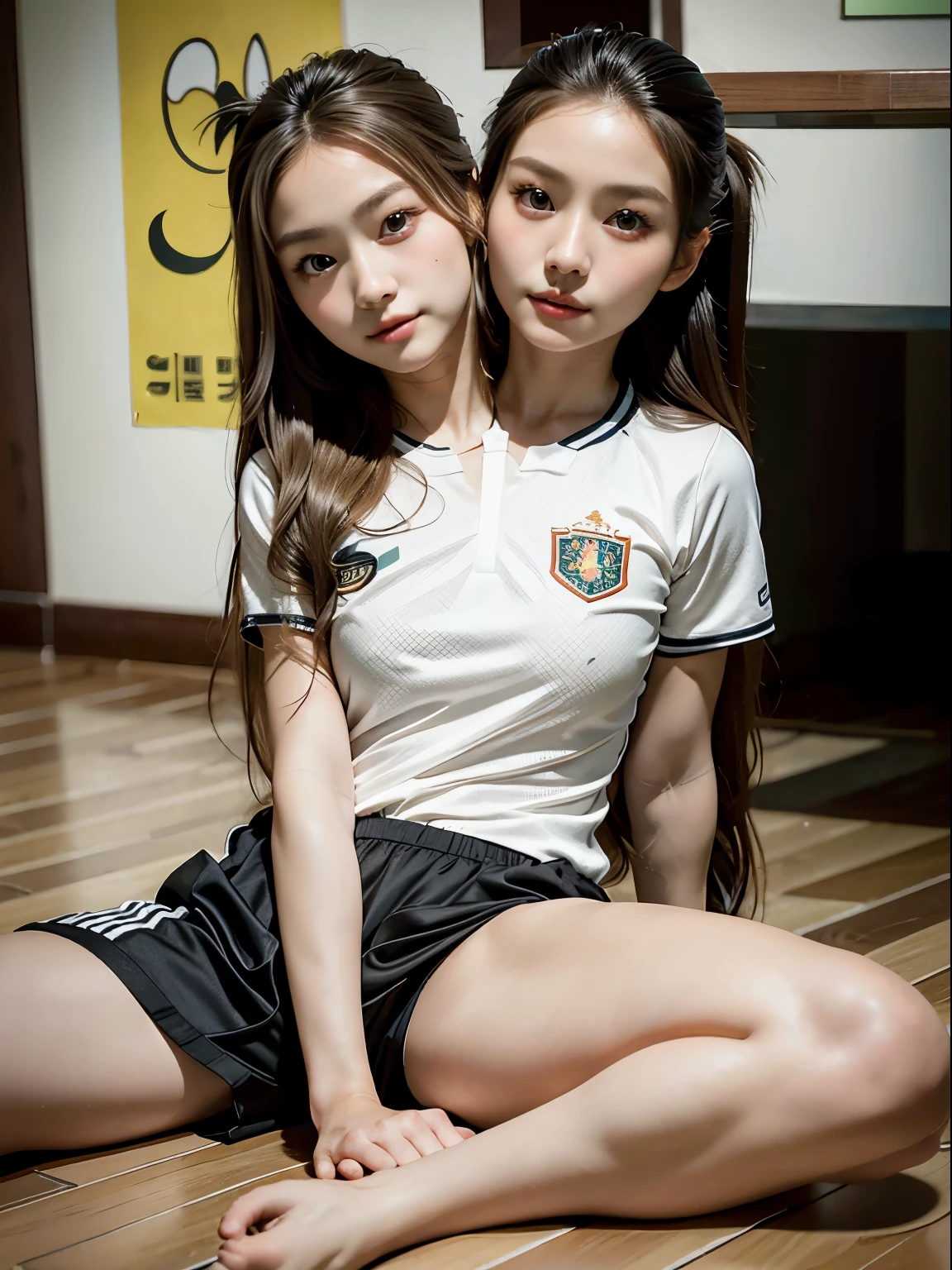 (masterpiece, best quality), best resolution, (2heads:1.5), 1girl, korean, facing viewer, close-up, blond hair, extremely long hair, hair reaching floor, ponytail, focused, soccer uniform, playing soccer, soccer field, day