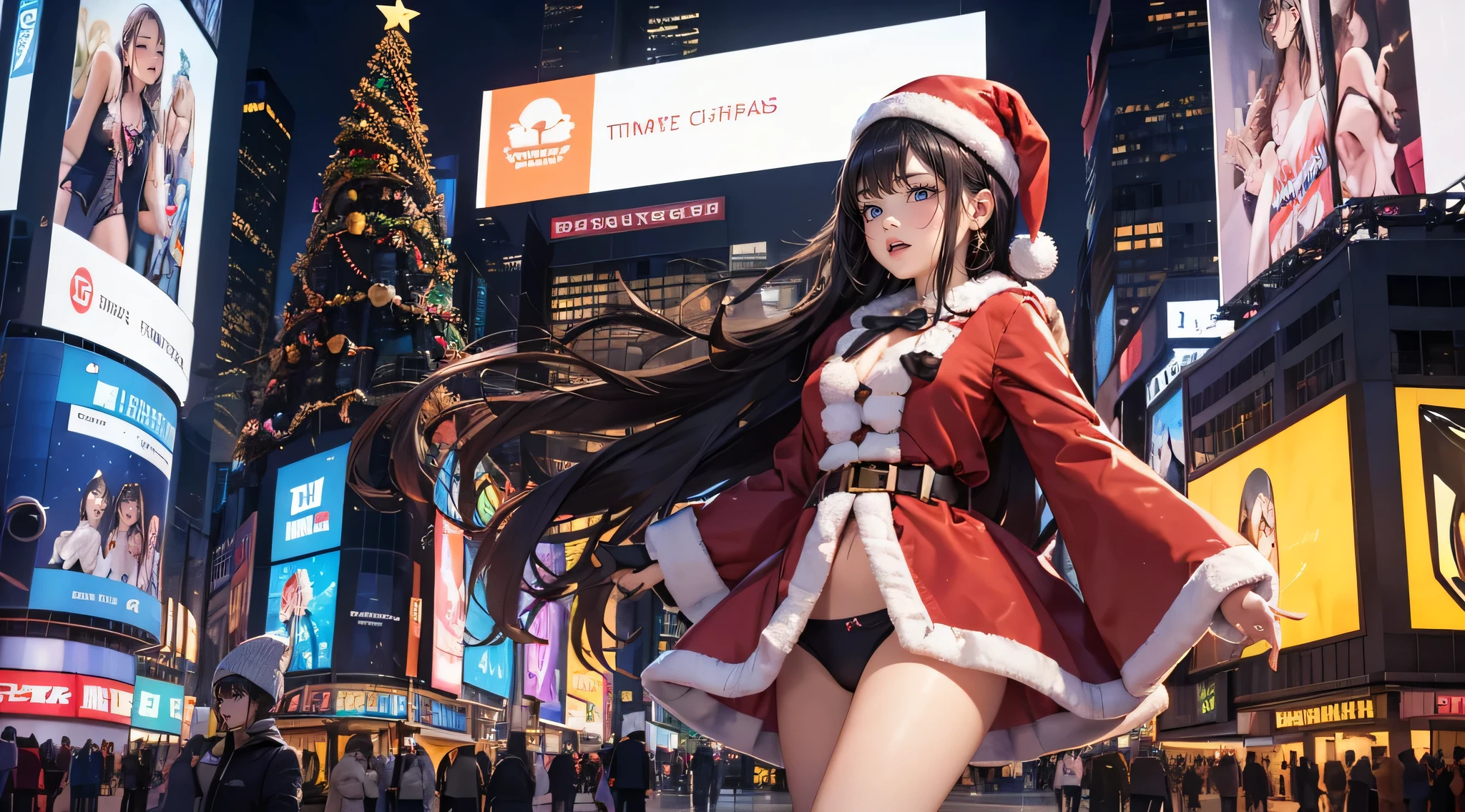 (((a woman is in front of the giant digital billboard at Times Square on Christmas day, all of giant digital billboard is broadcasting the same her underwear ad))), ((winter clothes with Christmas colors)), looking away, angle from below, (drooping eyes, sleepy, ecstasy face, blush, earrings, many people pass, ((big Christmas tree)),