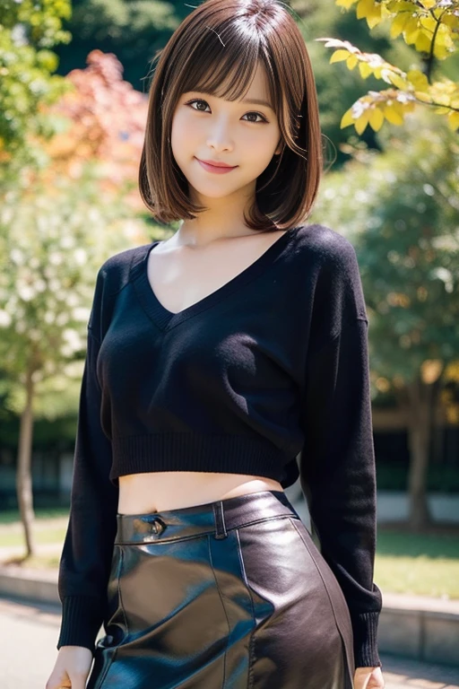 in 8K,Best Quality:1.4, 超A high resolution:1.5, (Photorealistic:1.4),masterpiece:1.2,(top-quality:1.4)、 Raw photo、(the background is blurred), A park on a hill with a good view:1.4、On the lawn、FULL BODYSHOT:1.5、 Girl in 1, Cute, (Solo), (Shy smile), 、(30-years old:1.4)、to stand、Check miniskirt、Cute mini skirt、 (Brown medium hair,Bangs), (touch hair:1.4)、nogizaka、cute little、Supple fingertips,Beautiful black eyes、natural skin textures:1.3, realistic eyes and face details:1.7、middlebreasts、gazing at viewer、gravure、beauty legs、autumnal