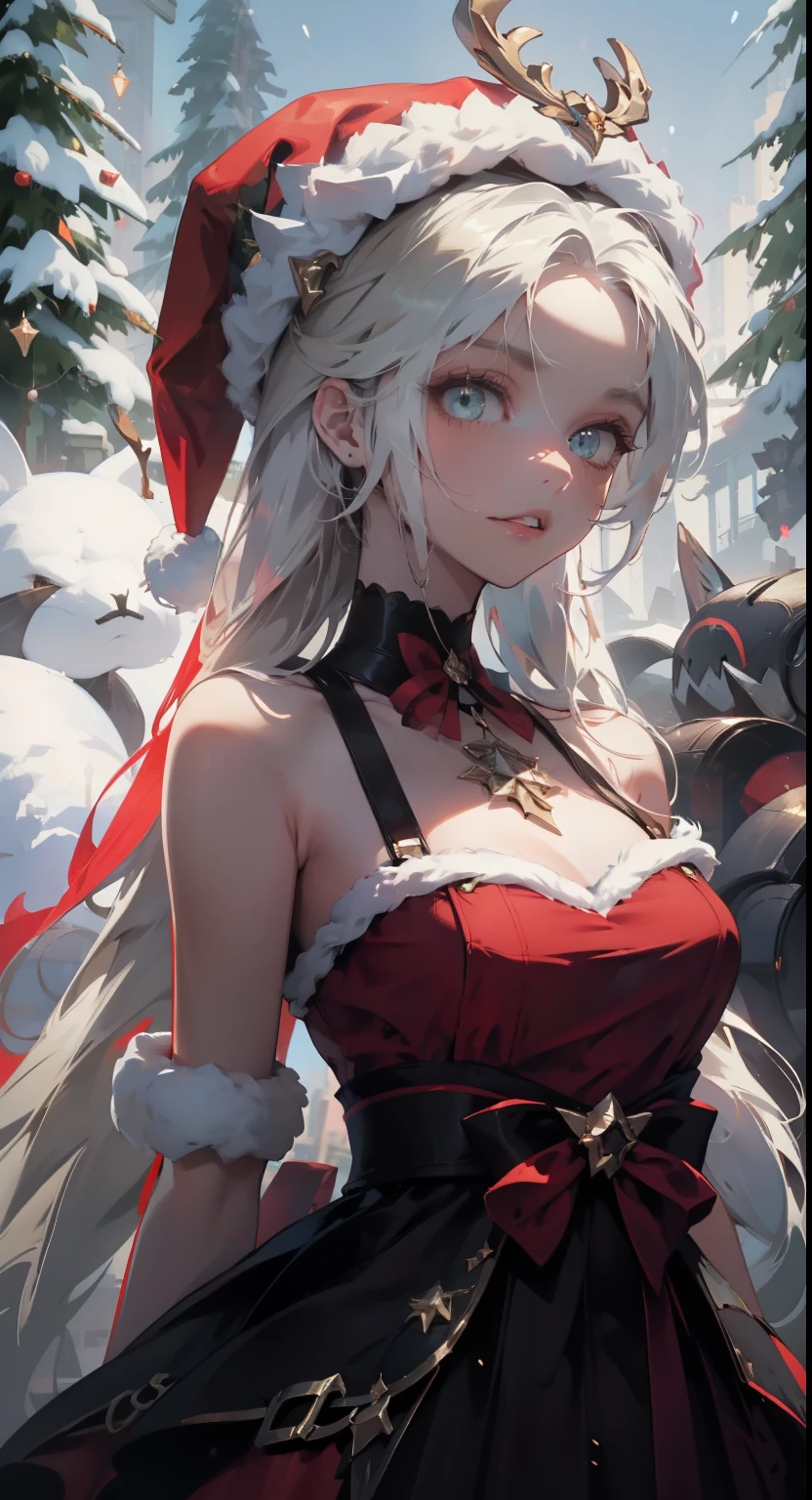 Santa hat，Red is sexy，white color hair，External，in the snow，Reindeer Christmas Girl，is very beautiful，Exquisite and beautiful facial features and，8K分辨率，Studio quality，hyper HD，Super fine detail，Christmas Eve，Oyuki，casa，Christmas tree，designs，巨作，fully body photo，Brilliantly lit，Surreal Photo，long range shotgun body，There is a cabin at the back，In the snow，natta，Superbly detailed eyes，large bust，scantily clad