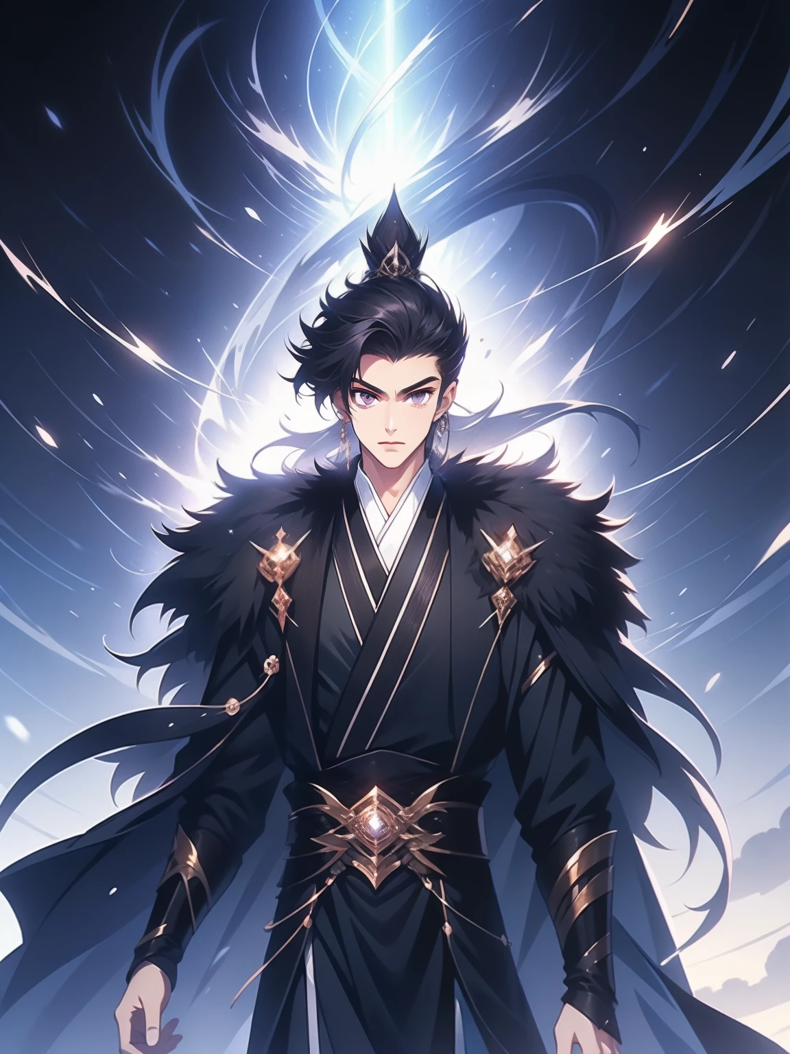 the only person，Libido boy，disheveled black hair , Orange eyes , purple martial arts uniform , Fighting posture，purple aura，lightning effects，Snowy background , Snowy wasteland background, Martial arts costumes , 1male people , Complicated details , perfect generation , male people , musculous , poncho，blue magic vortex，