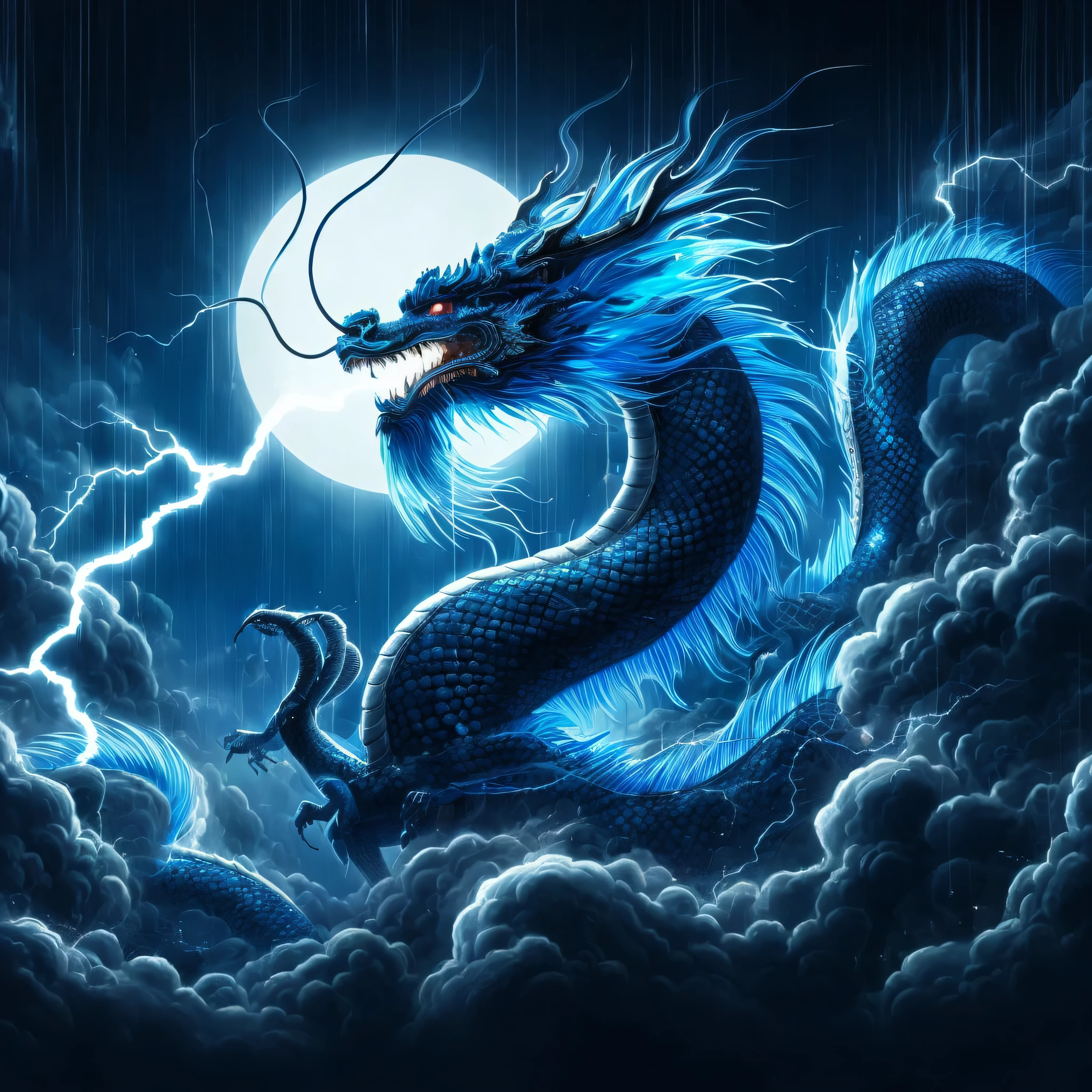 a blue dragon with lightning in the background, storm dragon, cyan Chinese dragon fantasy, blue dragon, a dragon made of clouds, Dragon in the Sky, blue scaled dragon, God of Dragons, epic dragon, water dragon, The clouds are in the shape of a dragon.., Chinese dragon, Lightning Dragon Attack, Chinese fantasy, Chinese mythology, dragon art, lung dragon