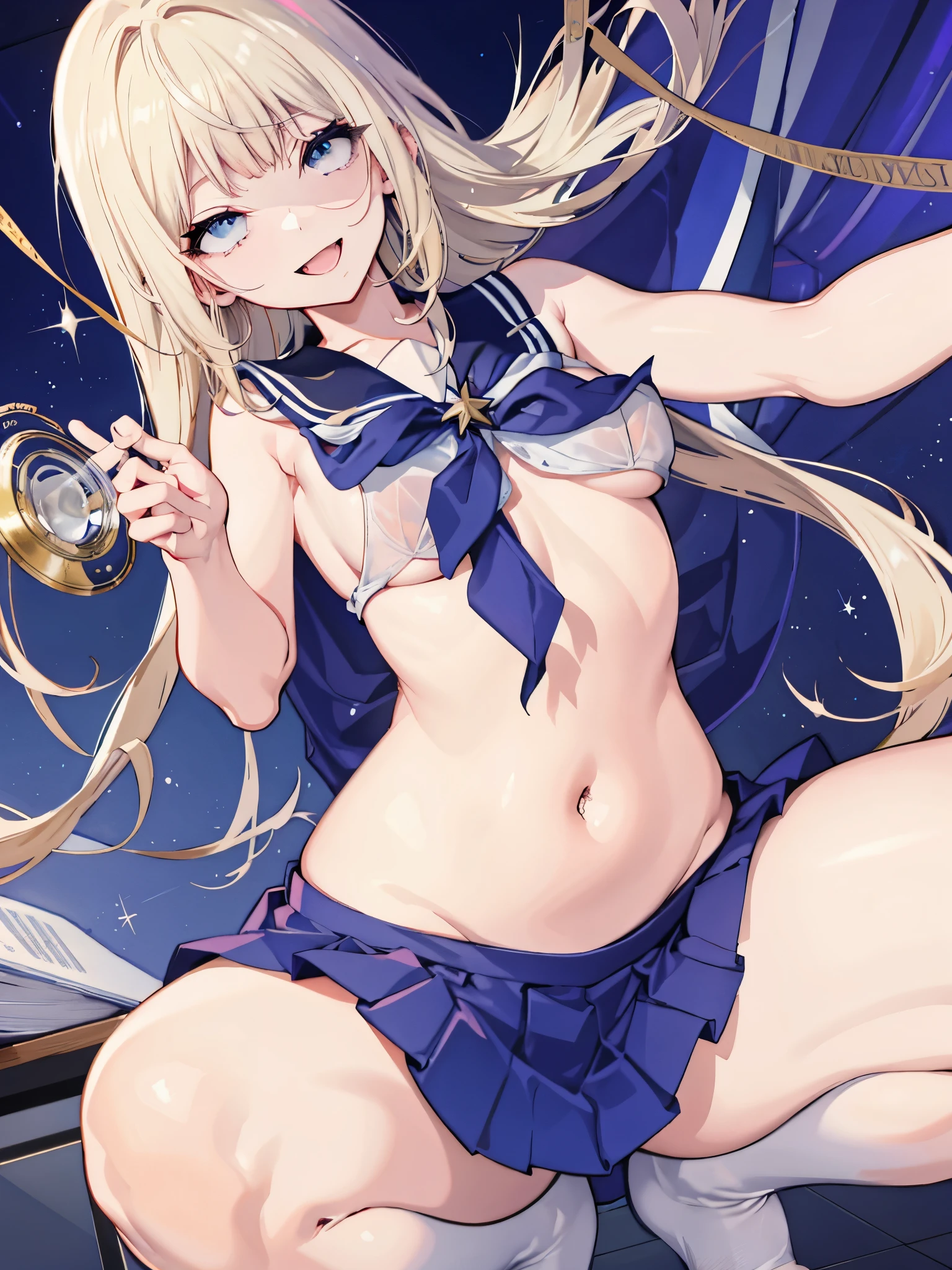 top-quality、realistic touch,high-detail、photoRealstic、thin-waist、captive beauty、big eye、solid platinum-blonde eyelashes、platinum-blonde、full body Esbian、Sparkling eyes、Submissive smile、Flushed cheeks、Kamimei、thin-waist、Voluptuous thighs、Enraptured look、In the classroom of the school、Navel look、She is in estrus、a sailor suit、cocky expression、Colossal tits、Super short skirt with V-line visible、Camera angle from below、Big breasts visible between uniform and stomach、Sleeveless、Squat with open legs、