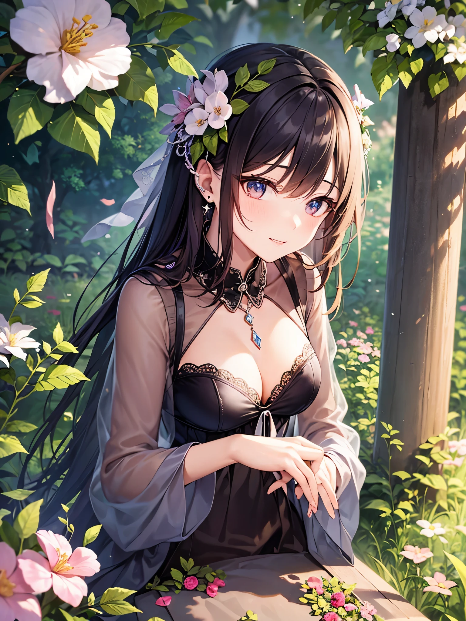 ((Finest quality)),(超A high resolution),(ultra-detailliert),(Meticulous portrayal),((Best CG)),(Finest works of art),Ultra-Precision Art,The art of astounding depiction,Art with precise depiction in every detail:1.5, ((Cultivated woman:1.8)),unclear:1.5,A slight smil:1.3, stars in the sky、flowers on the ground