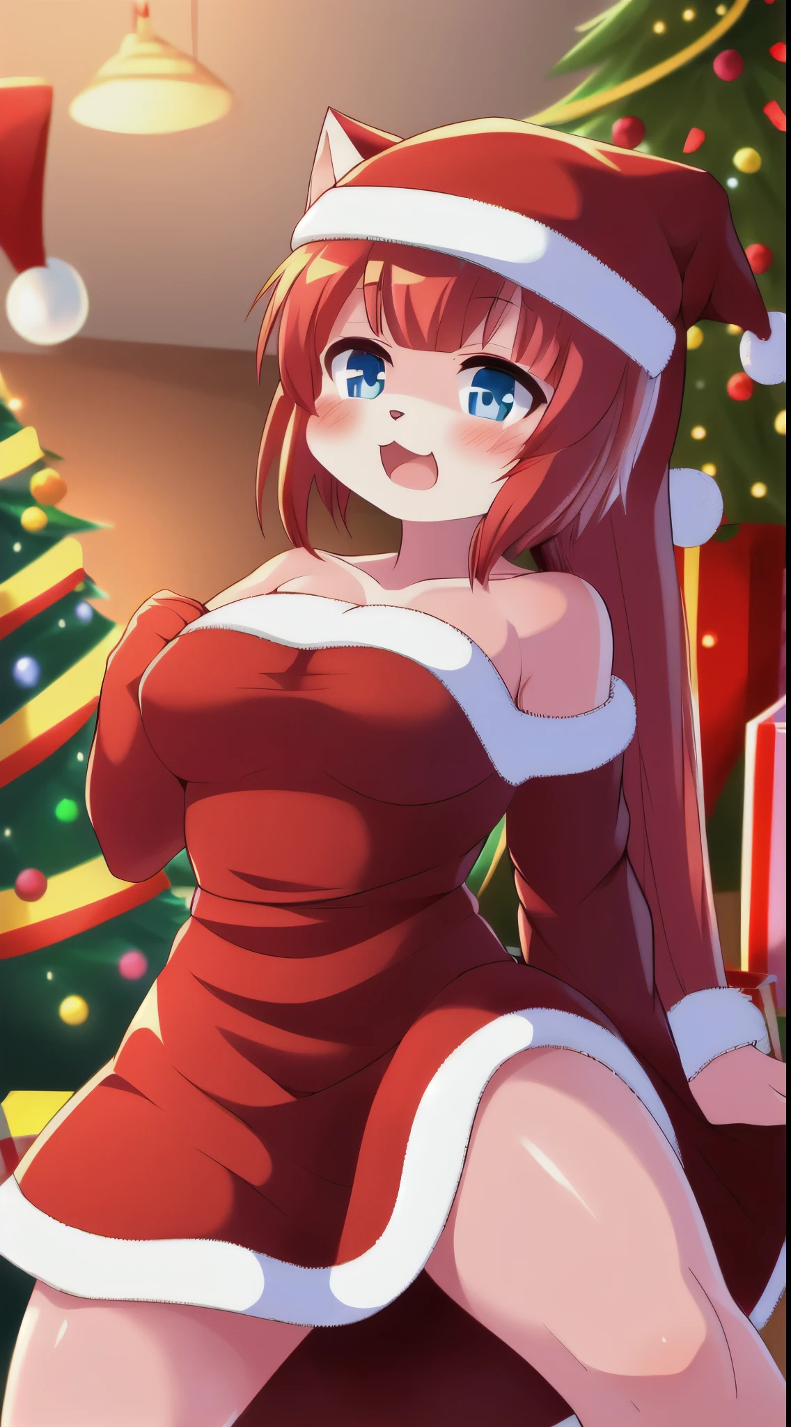 shinkai makoto, kimi no na wa., 1girl, long hair, blonde hair, blush, bright eyes, blue eyes, looking at the viewer, long hair, medium breasts, solo, indoors, shiny skin, sexual smirk, happy, beautiful, parfect anatomy, perfect hands, Christmas tree, ((naked)), Sweet face, candy cane stockings, Against the background of winter scenery, perfect hands, snow, steam, night, (spread legs), ((show nipples)), (show wet crotch, wet ), (master baiting), (wet body), cum on 