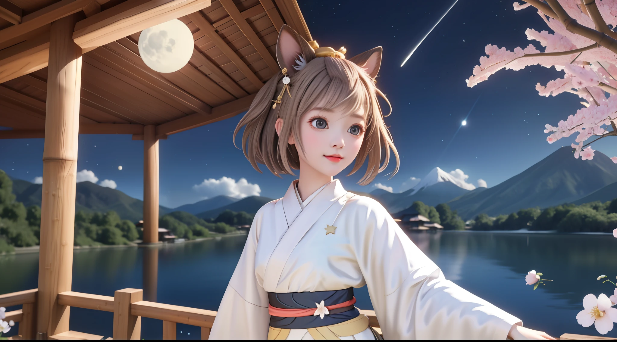 masterpiece, best quality, 8k, wonderful, lake, mountain, bamboo forest, wooden house, moon, night, star sky, Galaxy, blossom, wood boat, 1girl, brown hair, brown eyes, bangs pinned back, forehead, animal ears, animal tail, very long sleeves, petite, kimono, girl, hair beautiful, , yugioh, ash blossom & joyous spring, cry, tear, look the other way, background clear full HD, small eyes, platinum hair