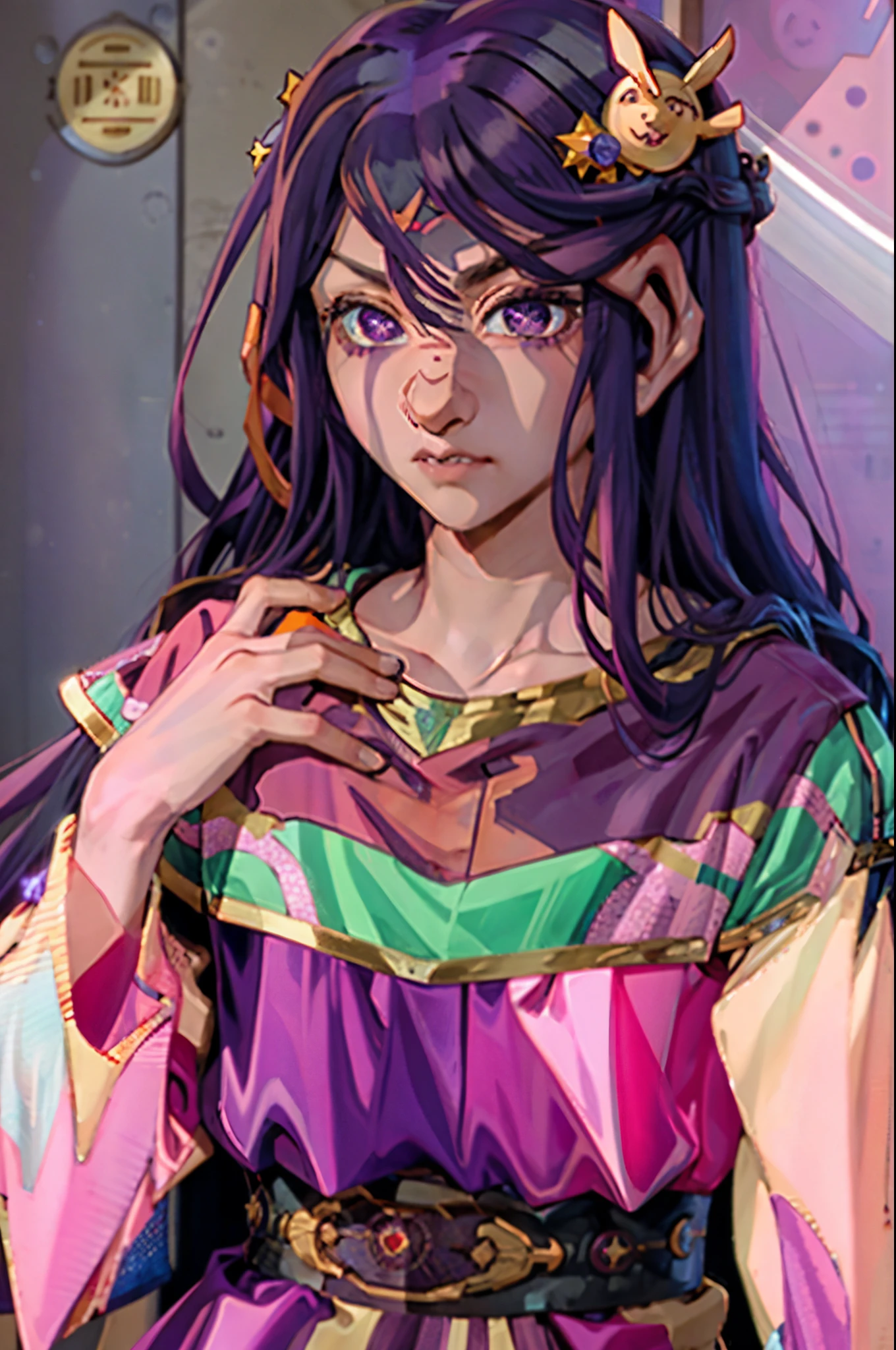 best quality, fullbody Hoshino Ai, long hair, purple hair, streaked hair ,purple eyes, star-shaped pupils, hair ornament,  expressive eyes, ferengi
big ears
bald
brow ridge