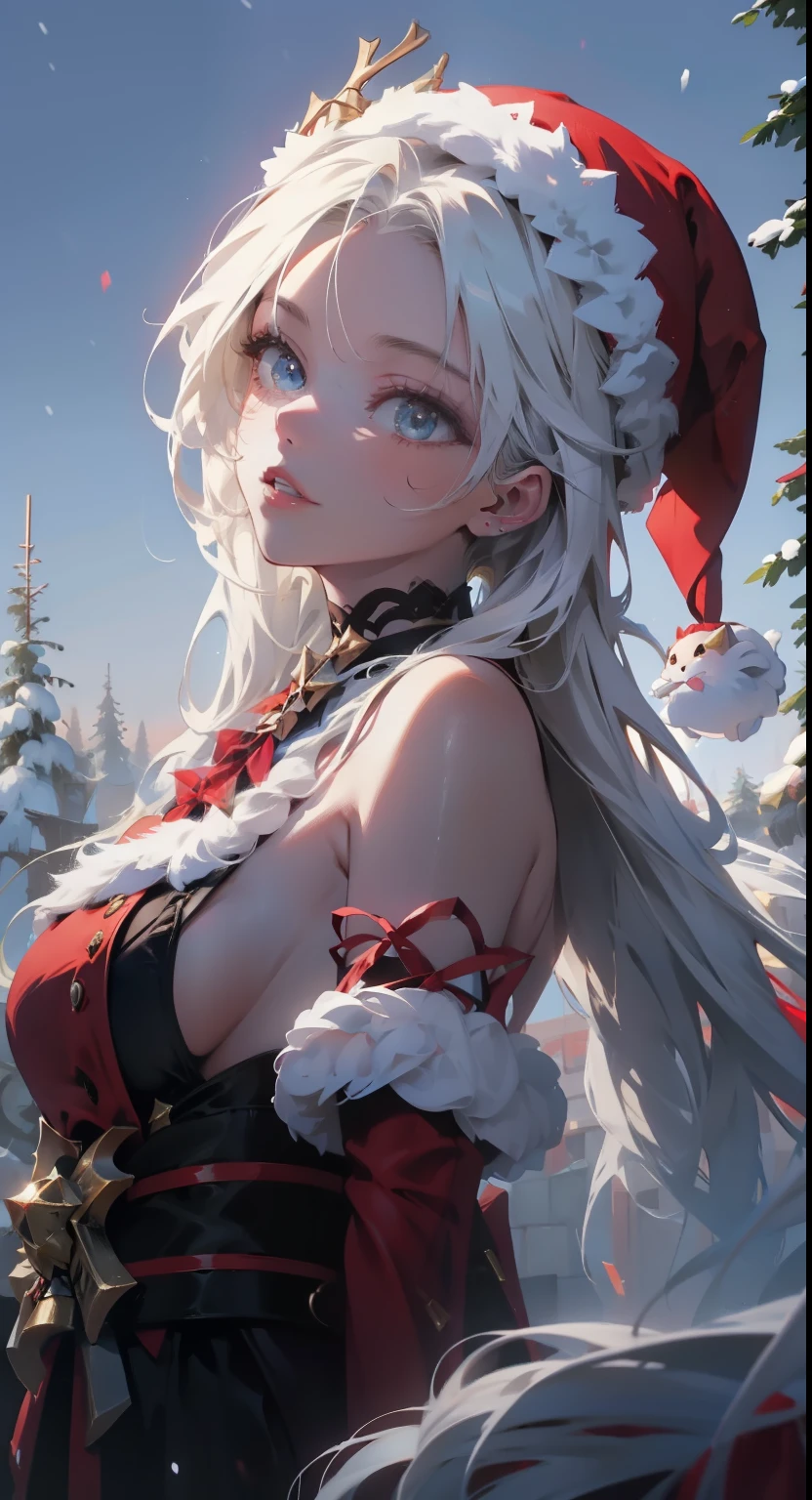 Santa hat,Red is sexy,white color hair,External,in the snow,Reindeer Christmas Girl,is very beautiful,Exquisite and beautiful facial features and,8K分辨率,Studio quality,hyper HD,Super fine detail,Christmas Eve,Oyuki,casa,Christmas tree,designs,巨作,fully body photo,Brilliantly lit,Surreal Photo,long range shotgun body,There is a cabin at the back,In the snow,natta,Superbly detailed eyes,large bust,scantily clad