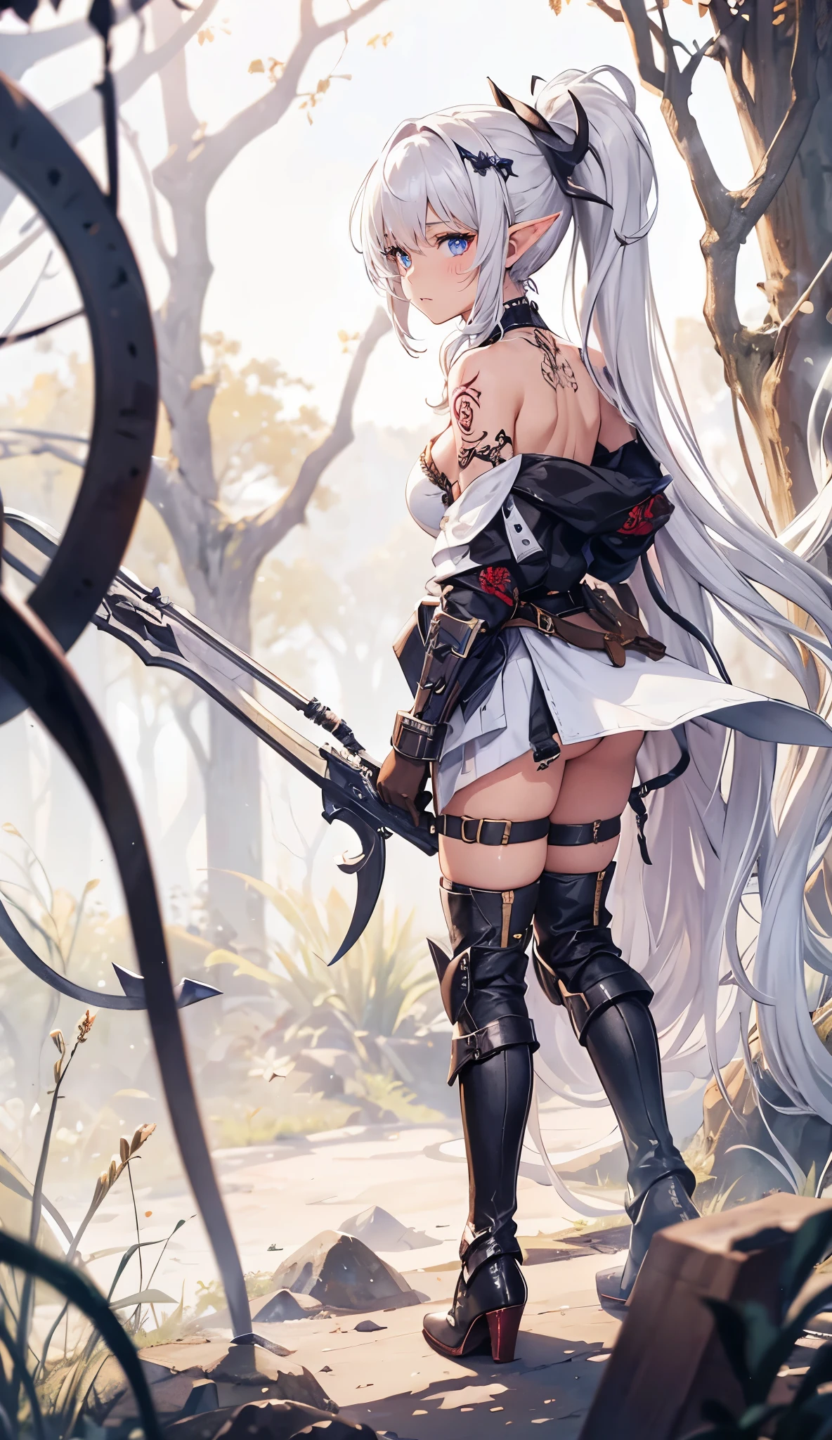 Combat action,closeup cleavage, The world of dreams, Dark Elf Maiden, curly ponytail, with brown skin , Long elven ears,drawing bow,humanoid creature, Light cloth armor, Her skin is brown, brown skin tone, 黑The eye, , Messy White Hair,low heel boots , armour, worn leather boots, tattoo is,bag on back