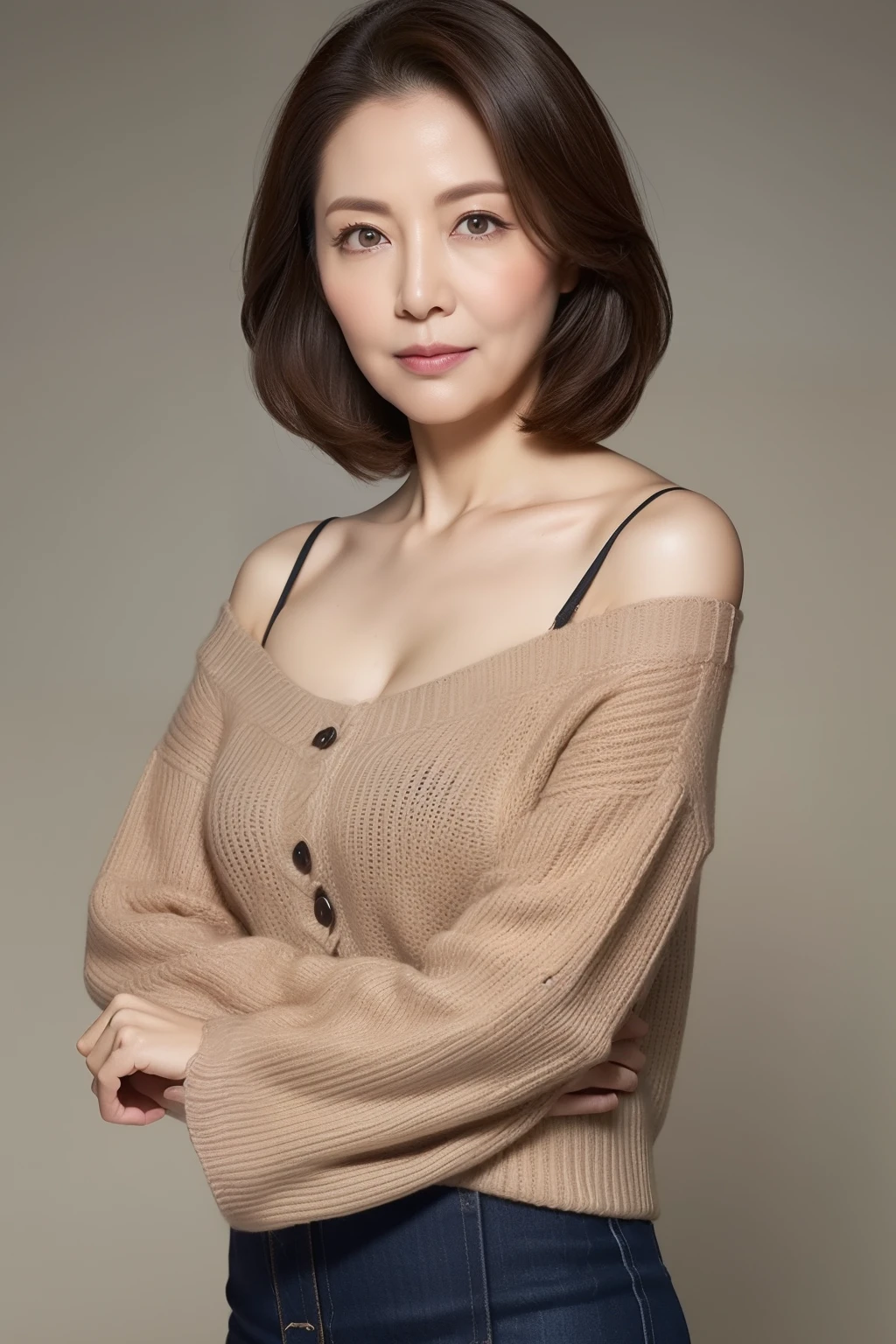 hight resolution, high-level image quality, high detailing, ​masterpiece, Textured skin, tre anatomically correct, sharp, greybackground, ((japanese mature, sixty years old)), 独奏, ((Wrinkles on the face)), large breasts with good shape, Light brown straight hair that reaches to the shoulders, chubby figure, (((Stand upright facing the center of the screen))), Close your mouth and look straight ahead with a serious face, Sweaters, skirt by the, ((cowboy  shot))