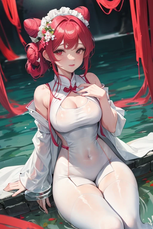 tmasterpiece、Need、1female、Blue cheongsam、 White cloth bun bun bun、Shoulder leakage、The chest is large、chubbiness、ssmile、White suspender tights、lace leggings、pale pink lip、hot springs,Pose in the water,(drenched all over the body),legs are open, 独奏, White polo shirt, looking at viewert, A high resolution,(Thigh thick:1.0),,ultra - detailed,tmasterpiece,Best quality at best,Yazawa Nico,red eyes, face flushed,Blunt hair,both hands on hip,greet,Flower headdress,Side sitting