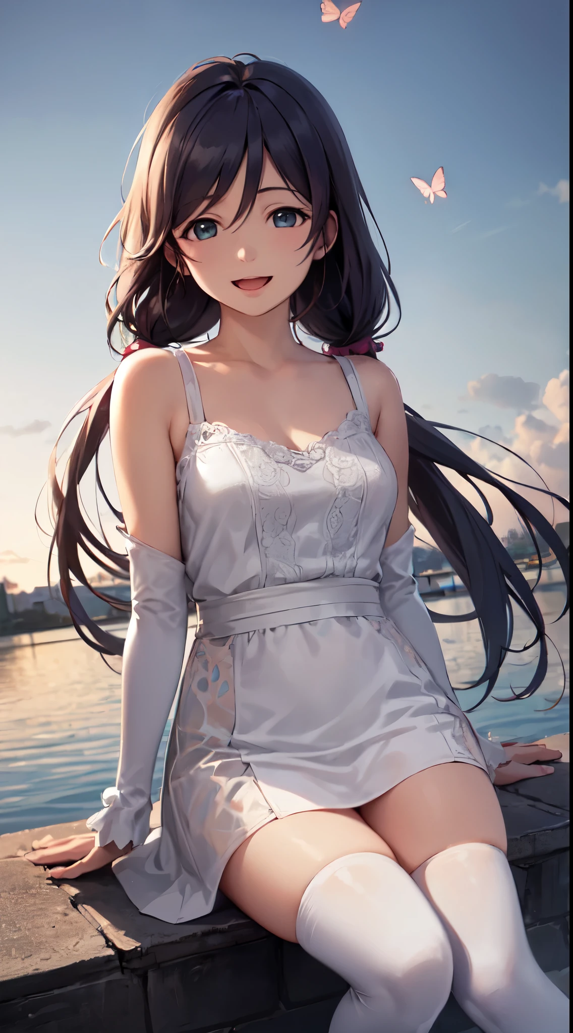 nozomi_tojo, (long_hair), long hair,1girl, solo, purple_hair, twintails, aqua_eyes, hair ornaments,((8k, RAW photo, highest quality, masterpiece), High detail RAW color photo professional close-up photo, (realistic, photo realism:1. 37), (highest quality), (best shadow), (best illustration), collarbone, ultra high resolution, highly detailed CG unified 8K wallpapers, physics-based rendering, cinematic lighting), face closeup, two hands, smile, happy, open mouth,
long sleeves, white dress, dress, thighhighs under boots, single thighhigh, bangs, boots, hair between eyes, white footwear, white thighhighs
detailed background, outdoor, sky, dandelion, butterflies, castle on lake
