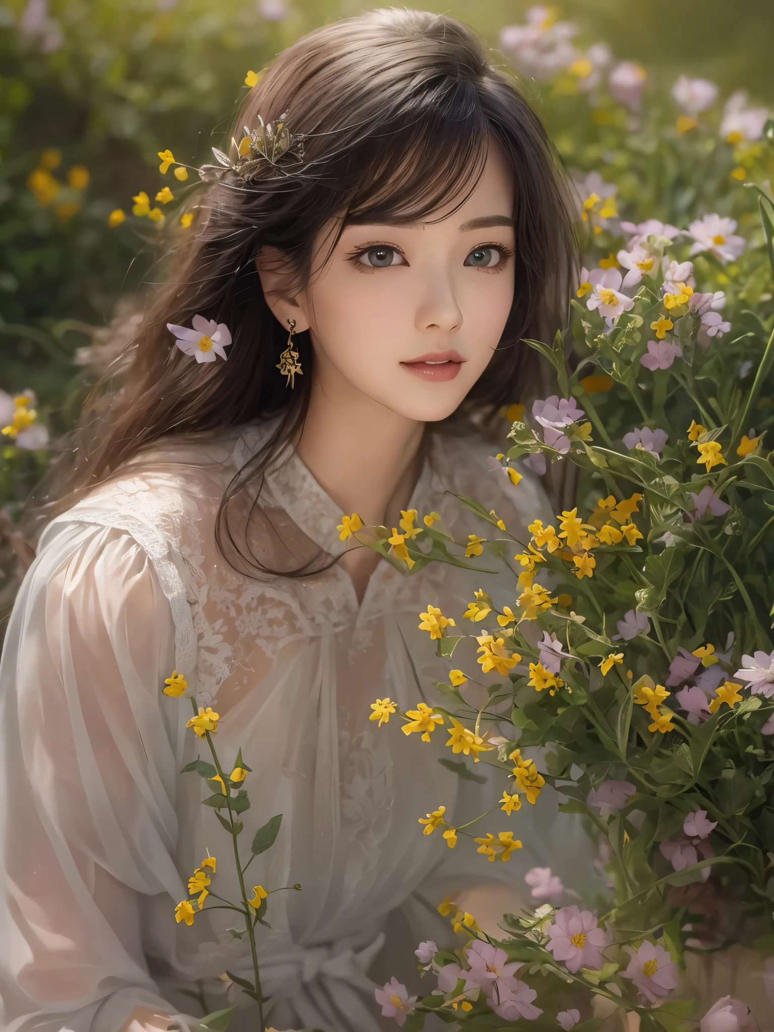 ((Finest quality)),(超A high resolution),(ultra-detailliert),(Meticulous portrayal),((Best CG)),(Finest works of art),Ultra-Precision Art,The art of astounding depiction,Art with precise depiction in every detail:1.5, ((Cultivated woman:1.8)),unclear:1.5,A slight smil:1.3, stars in the sky、flowers on the ground