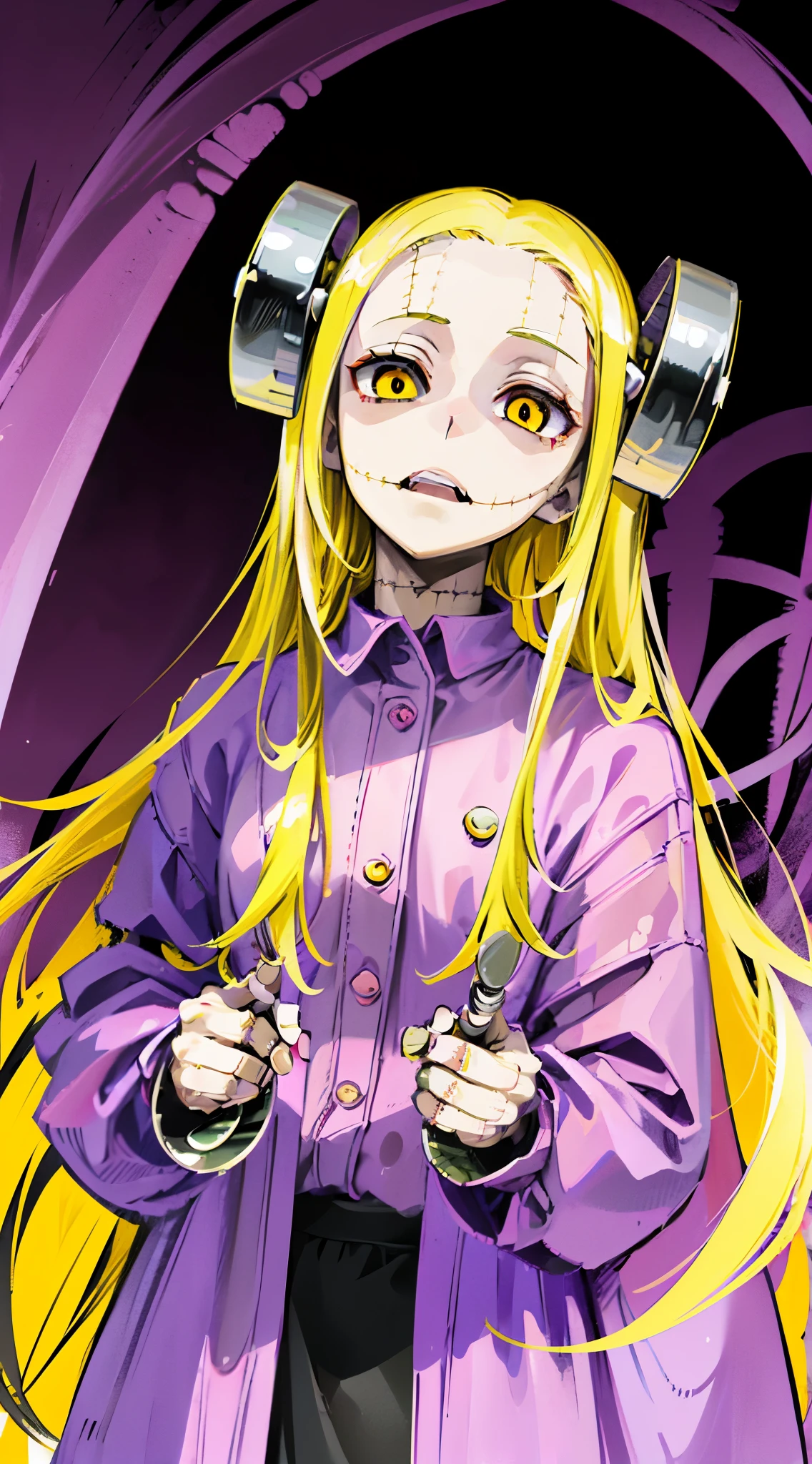 Madaraki_Fran,A girl ,stands,awkward,the madhatter ,surgeon ,wrinkles,concerned,((Points Forward)), hairlong , yellow hair,seams , Scars on the body , A creepy look , scary eyes , An intimidating look , creepy smile , bags under eyes, ((((Tired))))