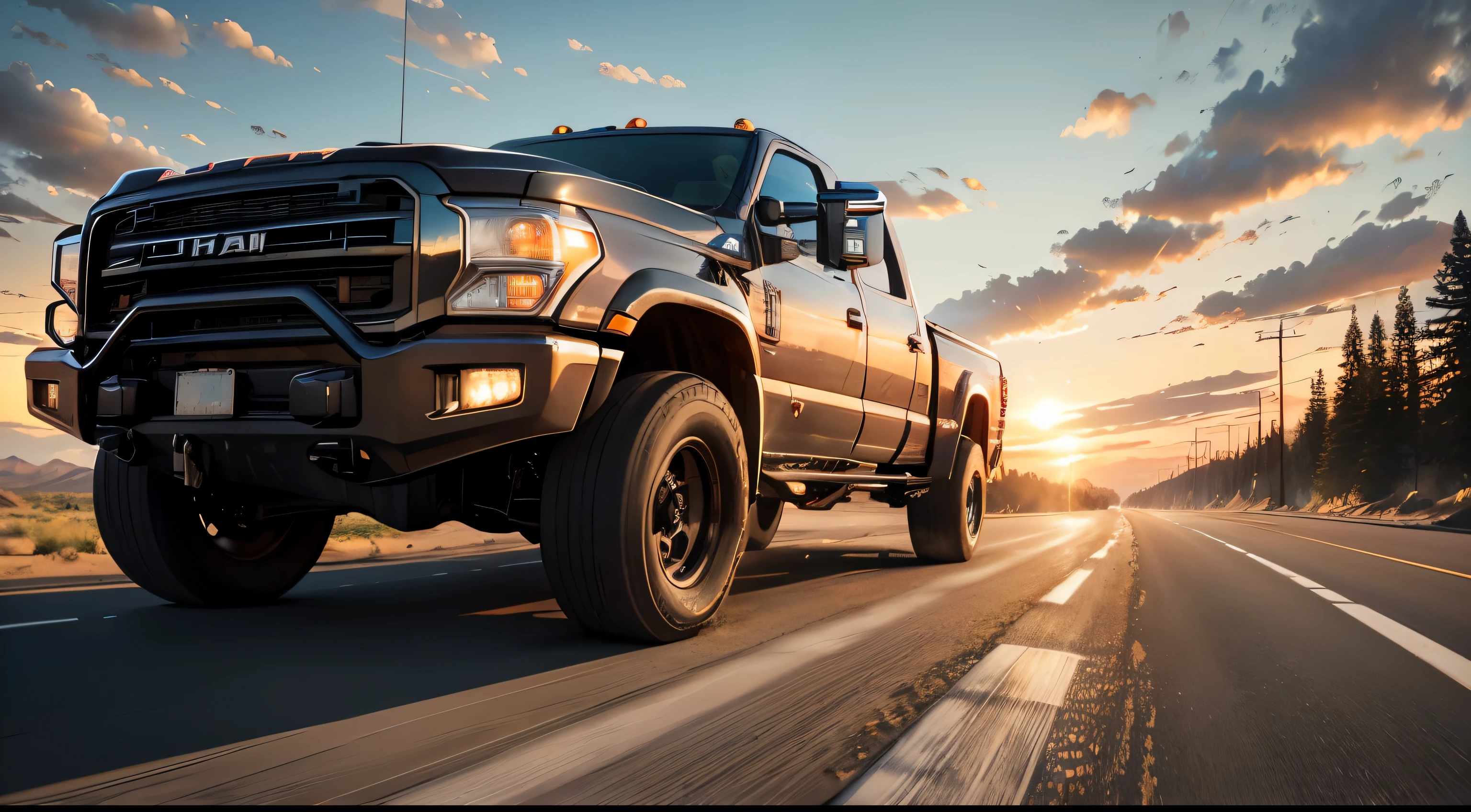 (best quality,4k,8k,highres,masterpiece:1.2),ultra-detailed,(realistic,photorealistic,photo-realistic:1.37),red american truck,driving on the highway,epic scene,good composition,sunset,beautiful clouds,vibrant colors,strong perspective,sun rays piercing through the clouds,open road,adventure,gorgeous landscape,dynamic motion,impressive scale,crisp focus on the truck,shadows and highlights enhancing depth,striking silhouette of the truck against the colorful sky,powerful presence of the truck,subtle reflections on the truck's shiny surface,tire tracks on the road,glowing headlights illuminating the path,exquisite detailing on the truck's design,wind blowing through the trees,blurred background portraying speed,truck moving towards the horizon,powerful engine sound,vibrant atmosphere,evoking a sense of ,asphalt glistening in the setting sun,vivid colors of nature blending with the truck's bold hue,highly detailed wheels and tires,sturdy build of the truck,steering wheel and dashboard visible in the cabin,chrome accents shining in the sunlight,impressive craftsmanship of the vehicle,hazy sky with gentle gradient of warm colors,truck symbolizing strength and adventure,trail of dust left behind by the truck,echoes of the great American road trip,a nostalgic and timeless scene,evoking a feeling of excitement and exploration,awe-inspiring sight that captures the spirit of the open road.