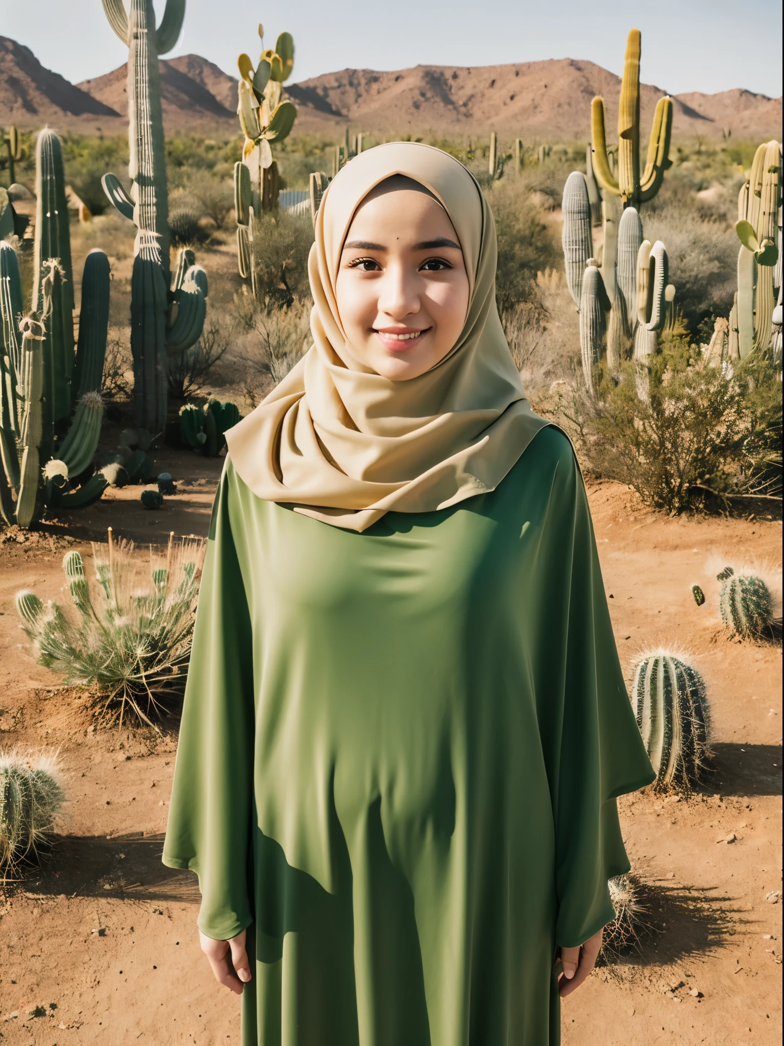 hijab, gamis, desert, front of cactus, half body photo