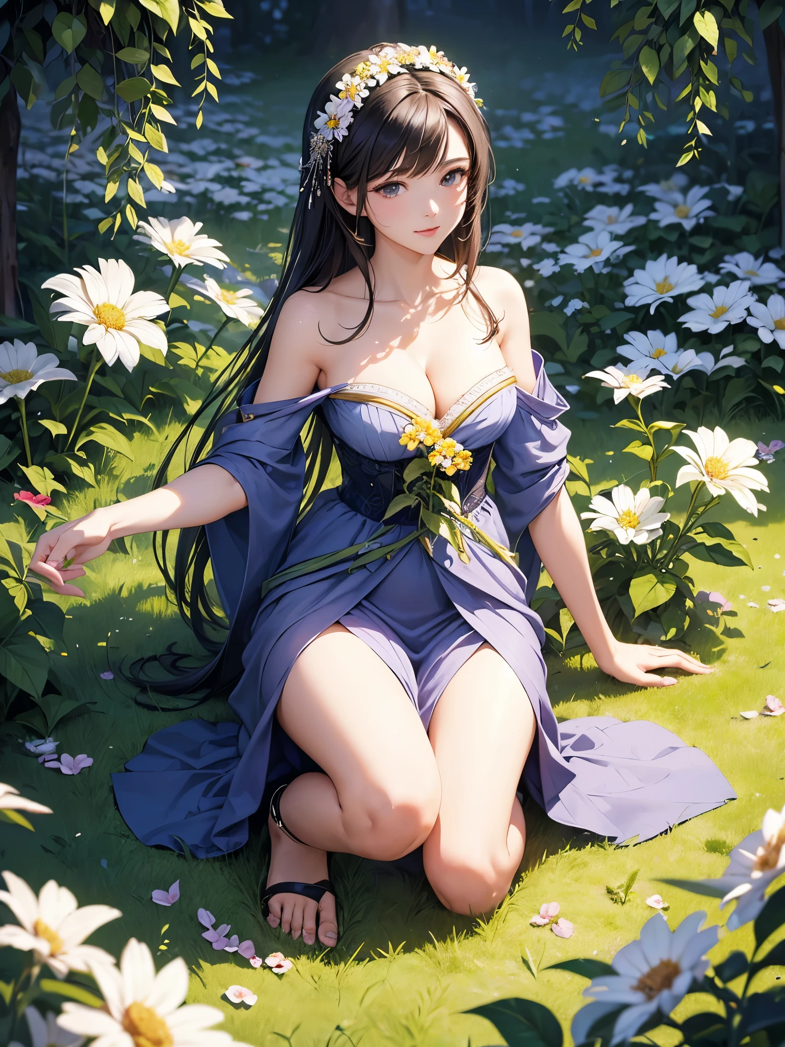((Finest quality)),(超A high resolution),(ultra-detailliert),(Meticulous portrayal),((Best CG)),(Finest works of art),Ultra-Precision Art,The art of astounding depiction,Art with precise depiction in every detail:1.5, ((Cultivated woman:1.8)),unclear:1.5,A slight smil:1.3, stars in the sky、flowers on the ground