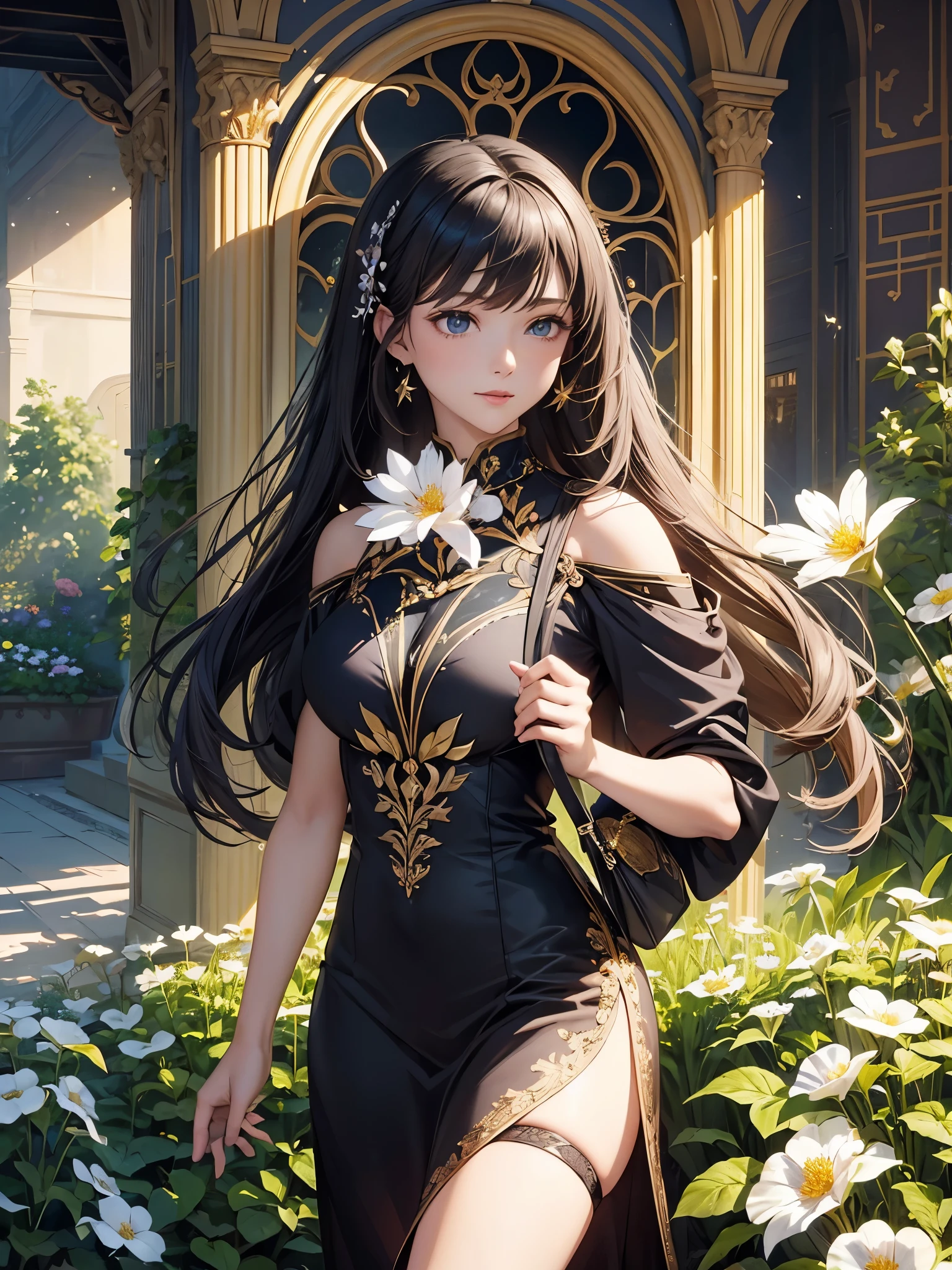 ((Finest quality)),(超A high resolution),(ultra-detailliert),(Meticulous portrayal),((Best CG)),(Finest works of art),Ultra-Precision Art,The art of astounding depiction,Art with precise depiction in every detail:1.5, ((Cultivated woman:1.8)),unclear:1.5,A slight smil:1.3, stars in the sky、flowers on the ground