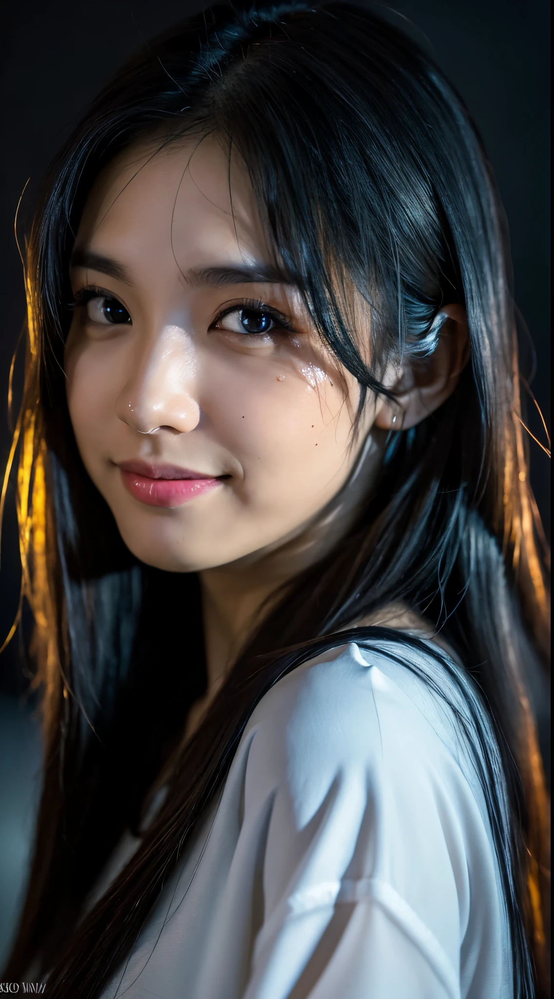 highest quality, epic realistic, ((in the pitch black darkness :1.4)), ((portrait:1.5)),(background: dark ) high contrast ,glorious picture, lowest lux, lighting face, she's comfortable, wearing nothing, , looks incredible, (8k, Raw photo, Highest quality),(epic realistic:1.5), a woman, face,(detailed eyes:0.8),(looking at the camera:1.4), (Highest quality), ( high contrast, deep shadows),Intricate details,cinematic,((skin:1.4)), (long dark hair:1.3), long hair, messy ,(Hdr:1.5),Detailed, colors, Superior quality, Masterpiece, Raw Photo (20-year-old, looking at viewer), beautiful, (wearing plain yellow shirt,), perfect, natural, perfect composition, portrait, perfect face, smiling expression, Captivating eyes, Bright details, Tight lips, (High Skin Detail),, (blue tint: 0.6), (sale: 0.8), (bloody: 0.7), Key lighting , (backlight: 0.5), Medium depth of field, Canon 5d, 50mm lens, f/4 apertures, (Ultra-detailed, Complex detail), sharp focus, soft colors, 8k, Absurd, 80mm, bokeh background, photography, smiling, pinay, filipina, large boobs, neon lights background, bokeh