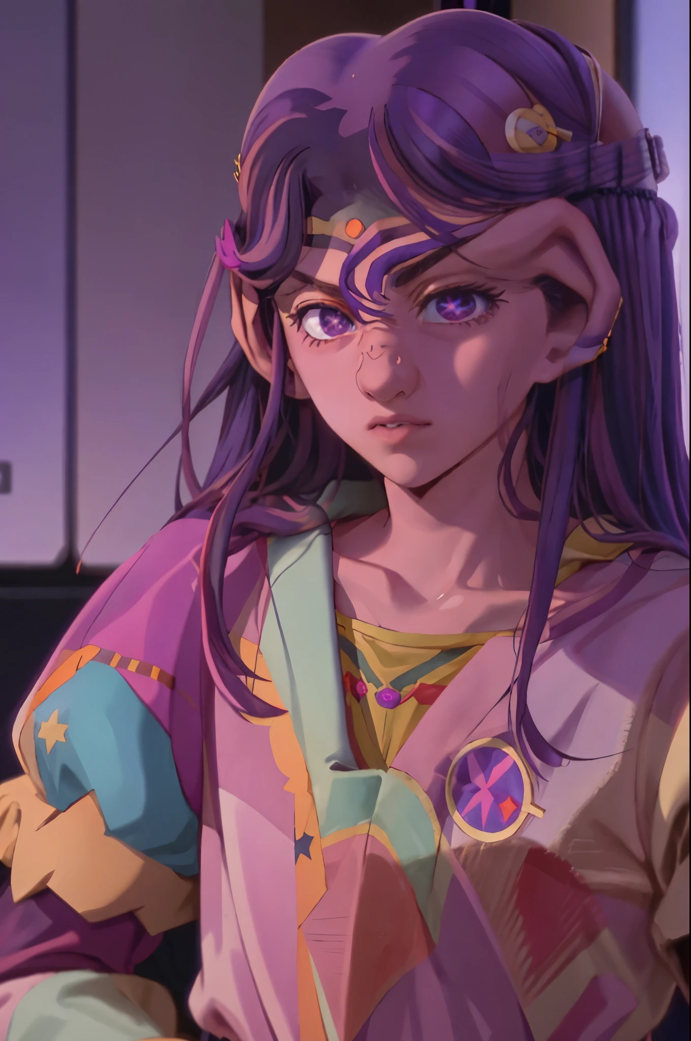 Hoshino Ai, long hair, purple hair, streaked hair ,purple eyes, star-shaped pupils, hair ornament,  , ferengi
big ears
bald
brow ridge