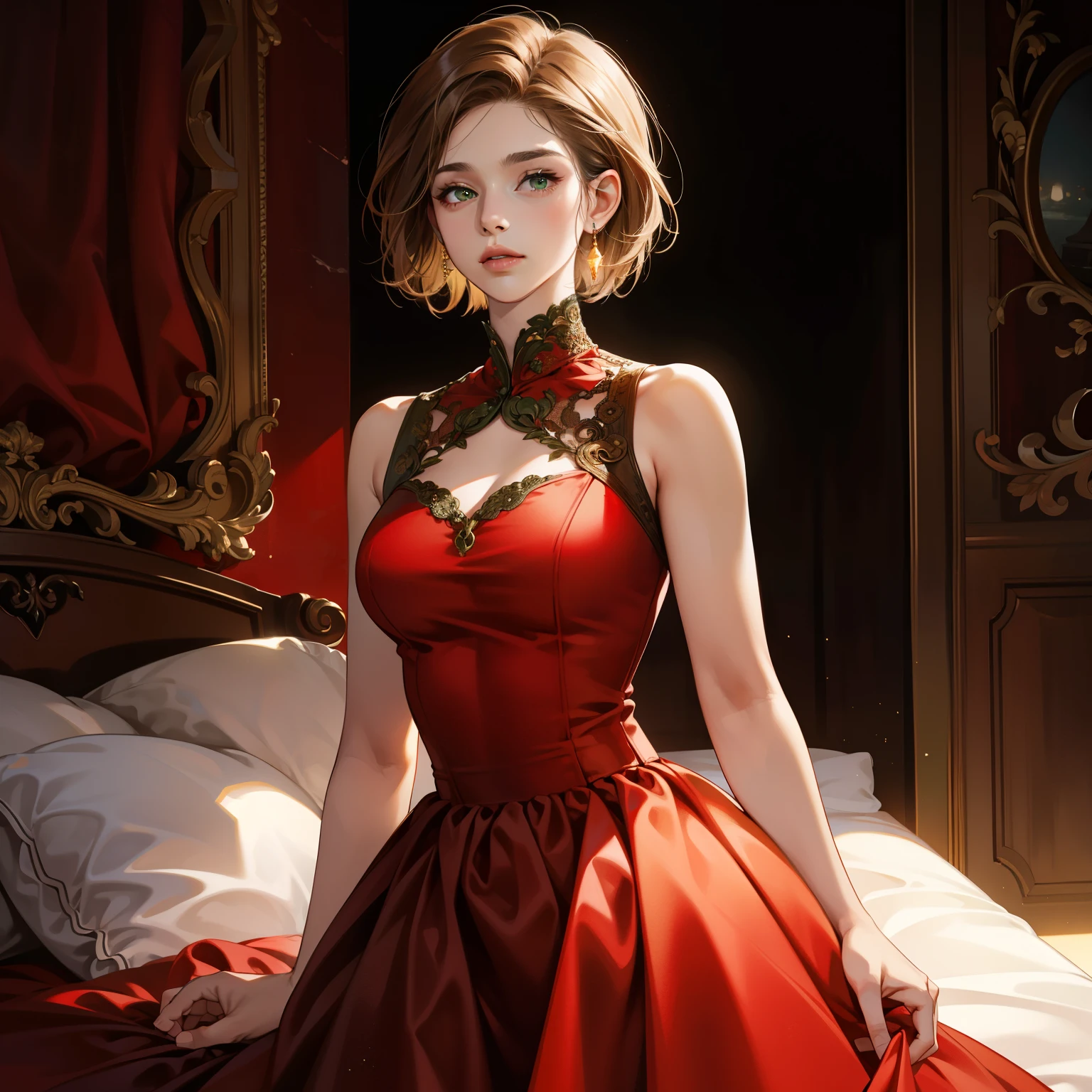 (best quality,4k,8k,highres,masterpiece:1.2),ultra-detailed,(realistic,photorealistic,photo-realistic:1.37),beautiful detailed, classic beauty, full body, long red dress, high heels, radiant elegance,elegant style,[minimalistic] background, iconic Audrey Hepburn.