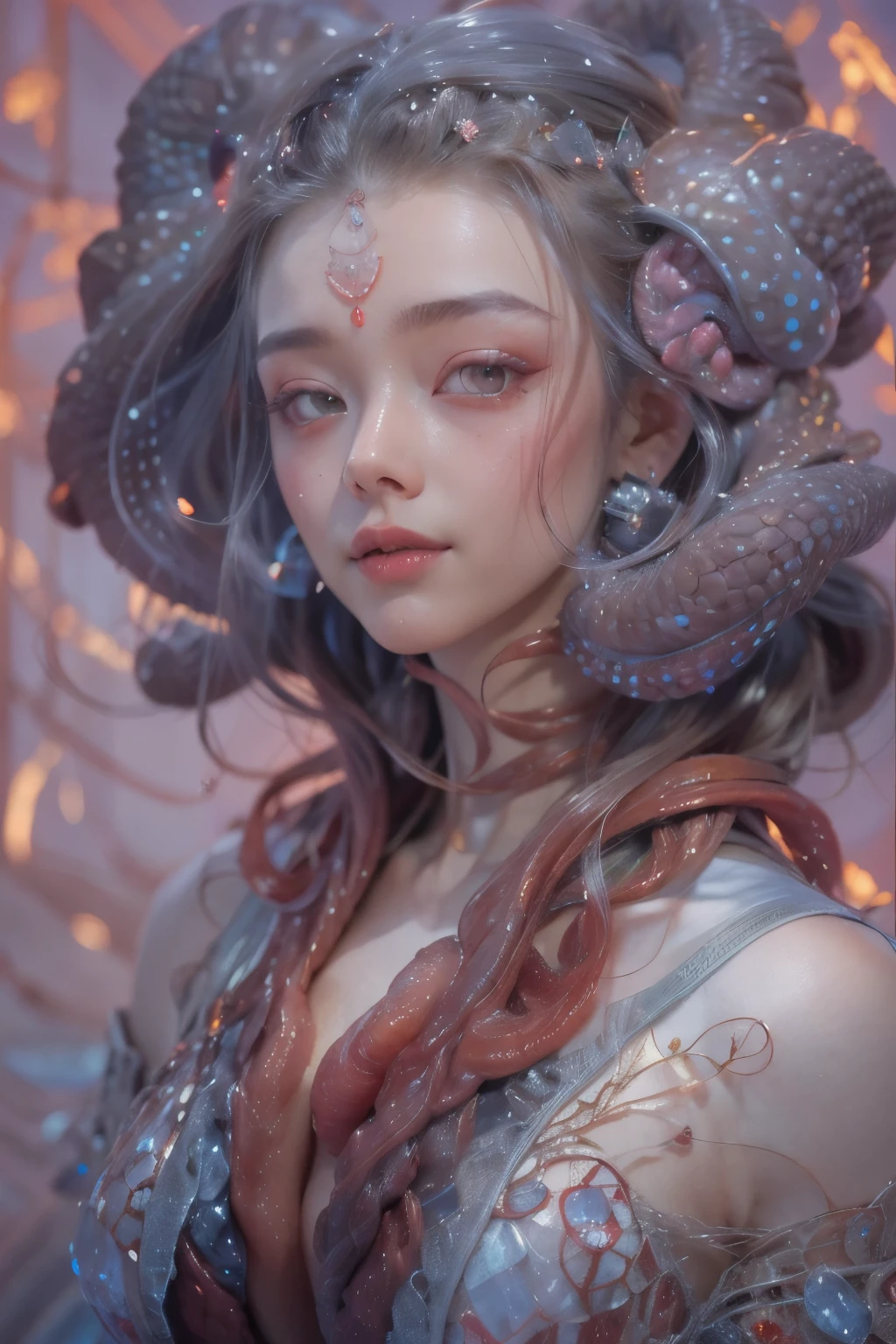 Portrait, (beautiful female alien:1.2), (There is a female genital-like organ in the middle of the forehead:1.8), (The most beautiful face in the history of the universe:1.2), (scarlet eyes:1.6), (Translucent skin:1.8), an evil gaze that seduces , (red eyes:1.5), Full body like, (sexypose:1.5), alien, No humans, cells are fused, (Lots of translucent tentacles:1.1) (Translucent skin:1.3), extraterrestrial, cell, bio image, 魅惑的, Best Quality, 8K,4K_quality, high definition, Dramatic Lighting, masutepiece:1.5,cinematic quality, detail up, (Intricate details:1.2), high resolution, High Definition, drawing faithfully, (Thick eyebrows:1.2), Beautiful eyes with fine symmetry, (Ultra detailed eyes:1.2),(Highly detailed face and eyes:1.2), (High-resolution red-eye:1.4), Intimate face, (Super detailed skin quality feeling:1.4), Perfect Anatomy, (Beautiful toned body:1.5), (Moist skin:1.2), No makeup, (dark circles:1.1), long canines, cinematic drawing of characters, ultra high quality model, cinematic quality, detail up, (Intricate details:1.2), high resolution, High Definition, drawing faithfully, Official art, Unity 8K wall , 8K Portrait, Best Quality, Very high resolution, ultra detailed artistic photography, midnight aura, unreal engine 5, Ultra Sharp Focus, art by alberto seveso, ArtGerm, Roisch, intricate artwork, Medusa, best quality, masterpiece, ultra high resolution, (photos realistic:1.4), Ultra-realistic realism, dream-like, nautilus, Creation of fantasy, Snail, Dream Snail, biopunk nautilus, thrilling color schemes, Ultra-realistic realism, seductively smiling, blue tentacles