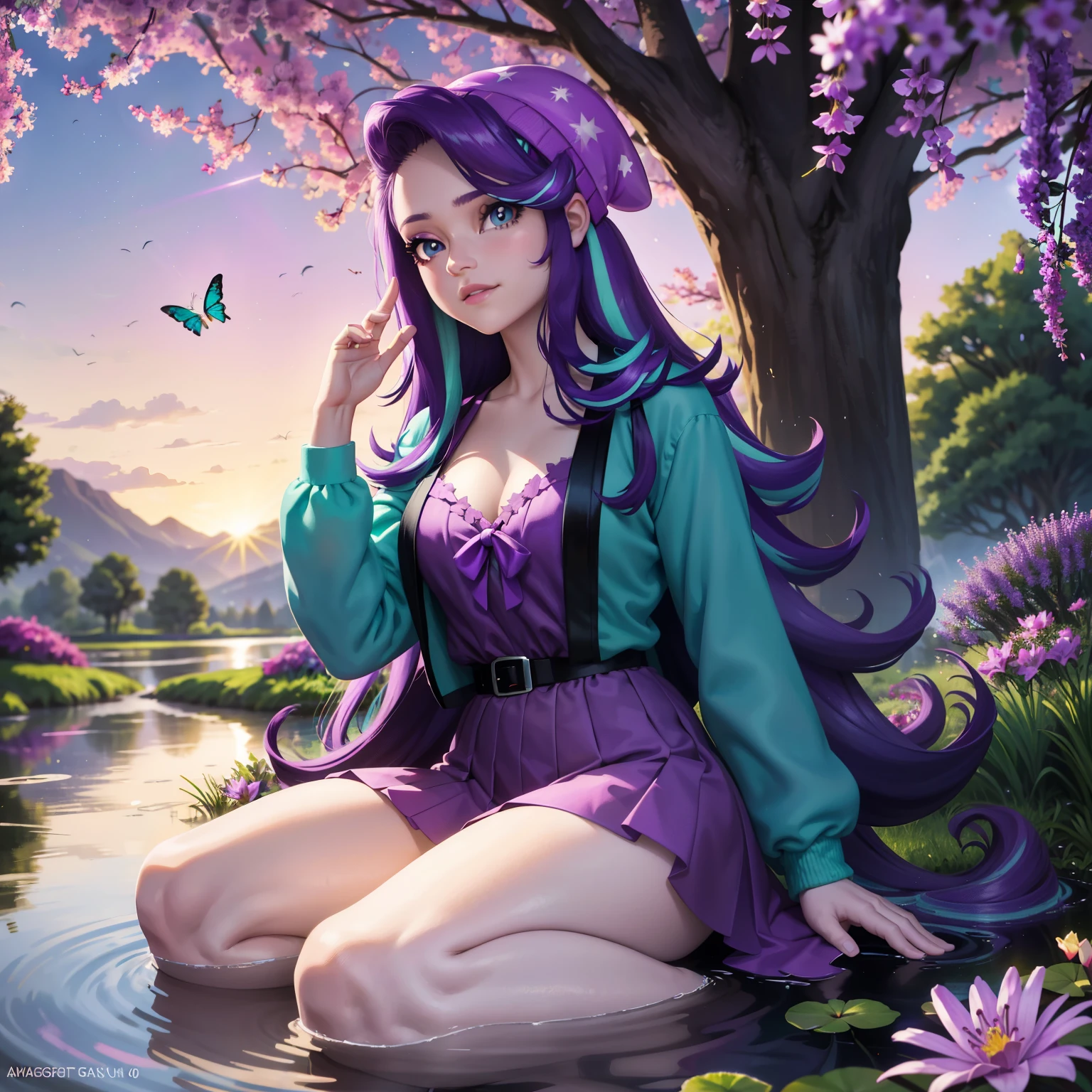 starlight glimmer, starlight glimmer from my little pony, starlight glimmer in the form of a young woman, big breasts, lush breasts, two tones of hair, turquoise and purple hair, in a garden, purple and turquoise flowers, solo, one character, turquoise and purple dress: 1.5, long sleeves, thin, turquoise eyes, gentle smile, beautiful detailed garden: 1.5, under a trees, jacaranda trees: 2.5, sitting on grass, lavender flowers every: 1.5, purple beanie with turquoise stars: 1.5, so many connected ponds with lily pads and flowers on it beautiful pond: 2.0,, lily pads, lilac flowers everywhere: 2.0, extremely long hair, DUSK: 2.0, twilight time: 2.0, bright glowing purple evening sky, ethereal sky, purple thigh high, highly detailed legging, she is sitting by the ponds, reflection on water, stars, bright glowing shimmering stars, vibrant atmosphere: 1.0, breath taking scenery: 2.0, HIGHLY DETAILED LIGHTING:1.0, dramatic lighting, so much foliage, different varieties of colorful flowers all around her those flowers attract butterflies, highly detailed butterflies, ((one really thin purple straight horn on her forehead: 1.0)), two purple cat ears: 1.0,