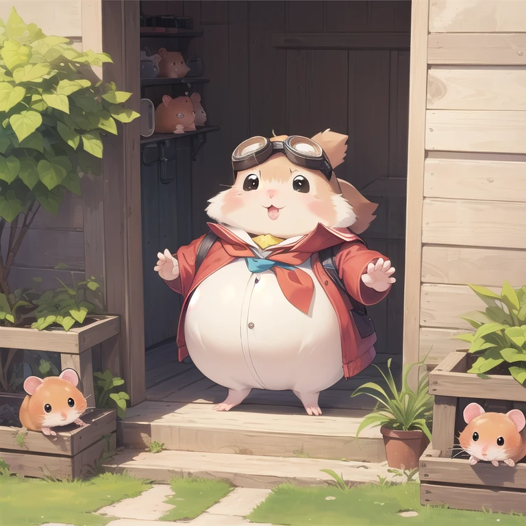 ((hamster, chubby:0.8, goggles on forehead, animal solo, hamster focus, full body)), cute, cool, red neckerchief, adventurer, best_quality, design, hires, highly detailed