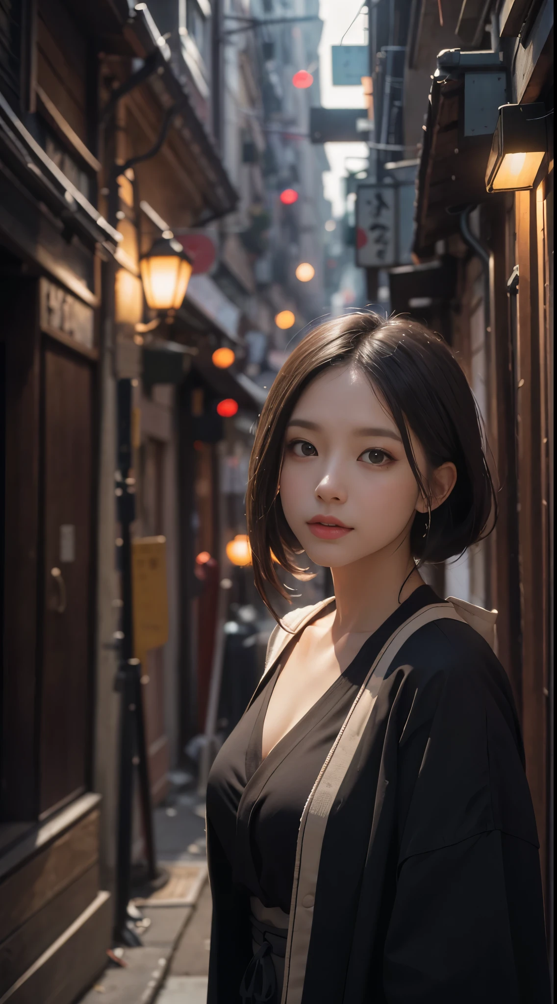 8k, best quality, highres, realistic, real person, A young woman walking down the narrow, secluded alley of a traditional Japanese downtown. She's dressed in modern, casual clothing, blending seamlessly with the intimate, timeless atmosphere of the alley. As she walks, she turns her head to look back at the camera, adding a sense of interaction and life to the scene. The alley's old, weathered buildings and dim lighting frame her, enhancing the quiet, serene ambiance of this less-traveled path. Big breasts, beautiful legs, big butt, high heels
