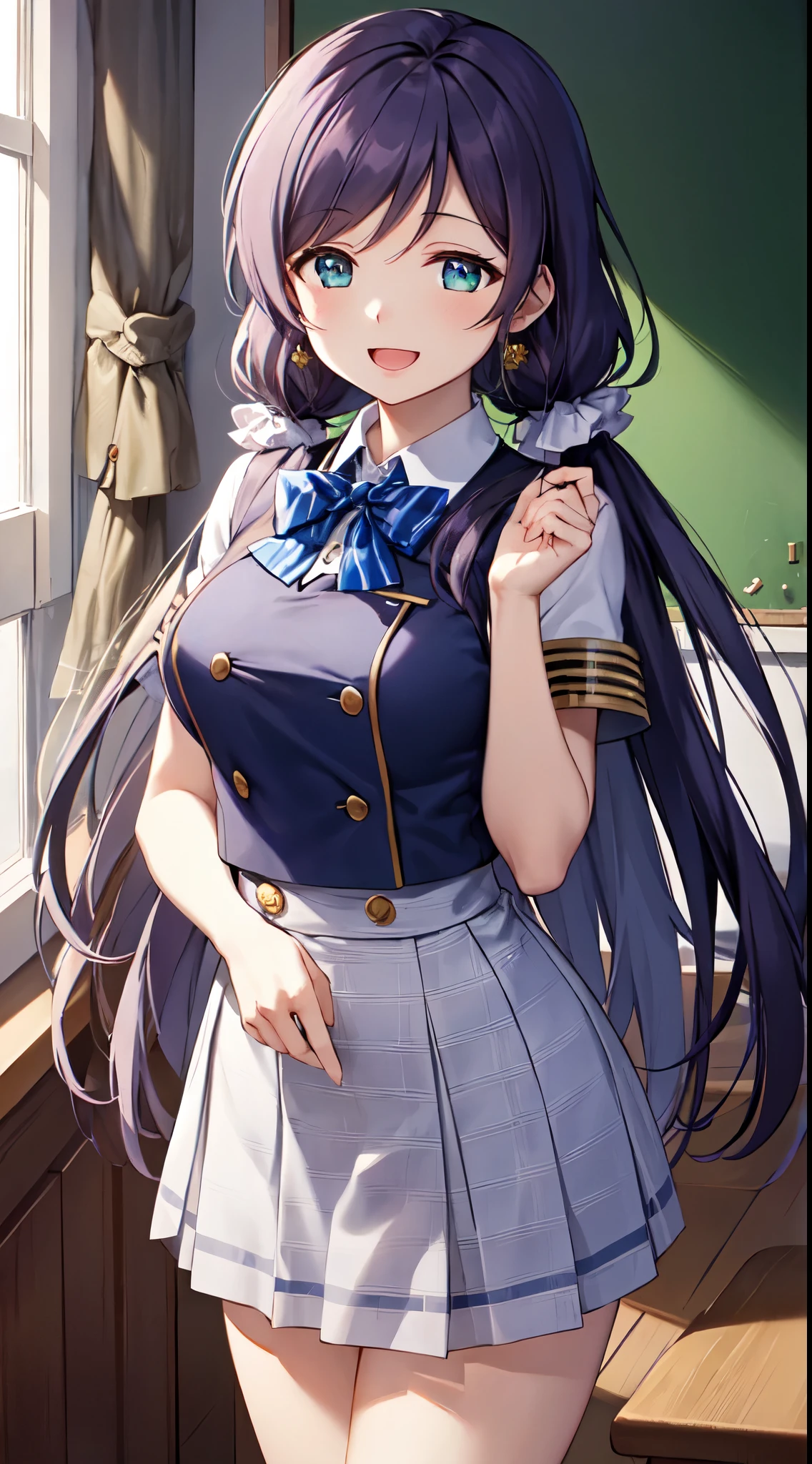 nozomi_tojo, (long_hair), long hair,1girl, solo, purple_hair, twintails, aqua_eyes, hair ornaments,(illustration:1.1),(best quality),(masterpiece:1.1),(beautiful and clear background:1.25),(extremely detailed CG unity 8k wallpaper:1.1), (colorful:0.9),(depth of field:0.75),( ink splashing:0.95),(color splashing:0.85),(watercolor:0.65),
(cowboy shot:1.4),blue (school uniform:1.4), :d, dress, earrings,looking_at_viewer, neck_ribbon, smile,
classroom, indoor, sunny, detailed blue sky,