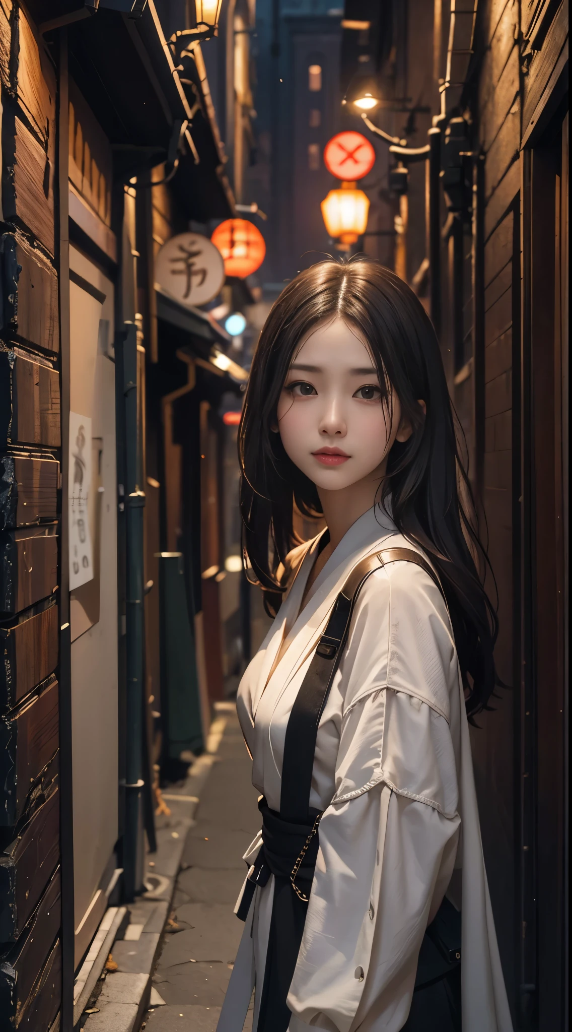 8k, best quality, highres, realistic, real person, A young woman walking down the narrow, secluded alley of a traditional Japanese downtown. She's dressed in modern, casual clothing, blending seamlessly with the intimate, timeless atmosphere of the alley. As she walks, she turns her head to look back at the camera, adding a sense of interaction and life to the scene. The alley's old, weathered buildings and dim lighting frame her, enhancing the quiet, serene ambiance of this less-traveled path. Big breasts, beautiful legs, big butt, high heels