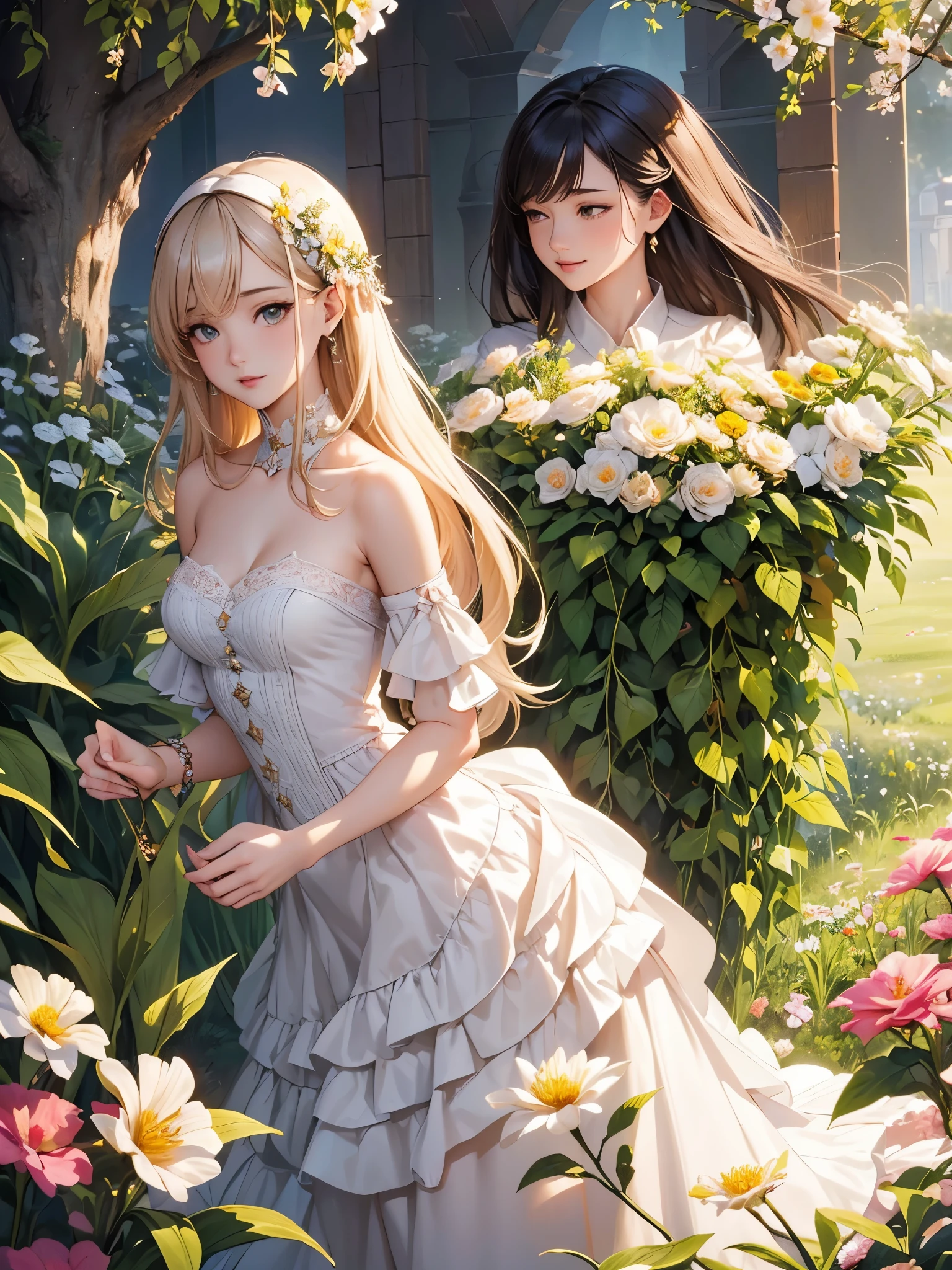 Falling into the human world、Describe angels trying to adapt to modern human life, Including the moral challenges they face,((Beautiful flowers and butterflies on background々There is a,carafe)),Super detailed and accurate,The color of the dress is pink,