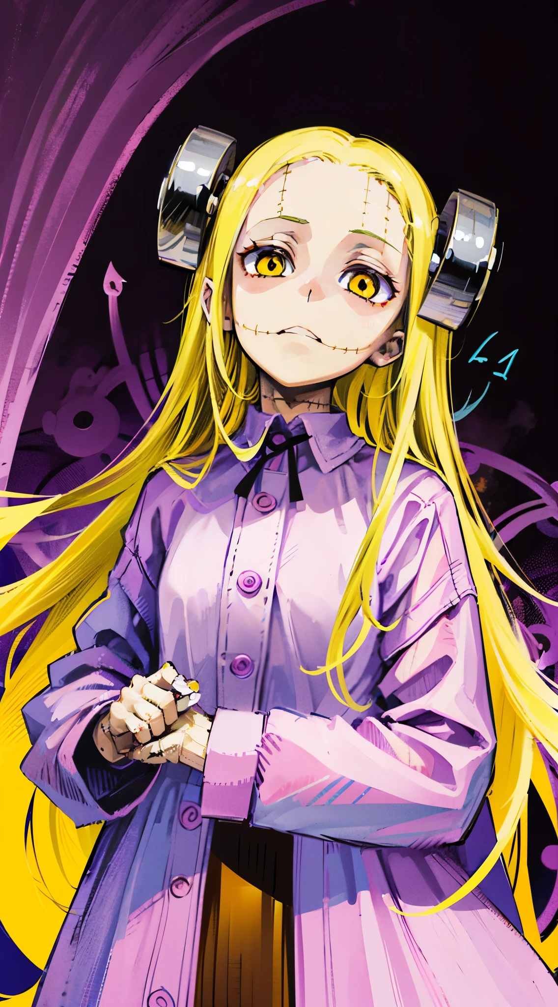 Madaraki_Fran,A  girl ,stands,awkward,the madhatter ,surgeon ,wrinkles,concerned,((Points Forward)), hairlong , yellow hair,seams , Scars on the body , A creepy look , scary eyes , An intimidating look , creepy smile , bags under eyes, ((((Tired))))