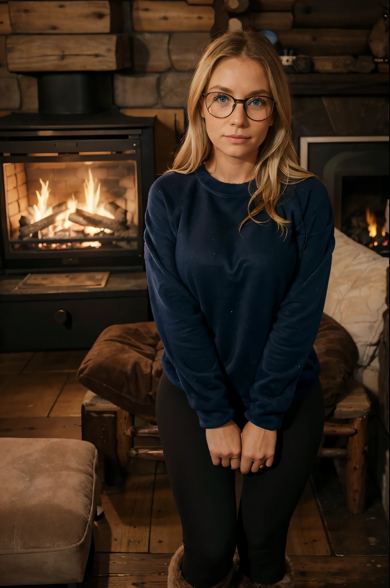 1woman, ombré blonde hair, beautiful blue eyes, freckled face, circle glasses, creame sweatshirt, seamless black leggings, fuzzy faux fur boots, ugg style boots, crossing her arms, flustered face, log cabin by fire place background, full body portrait.