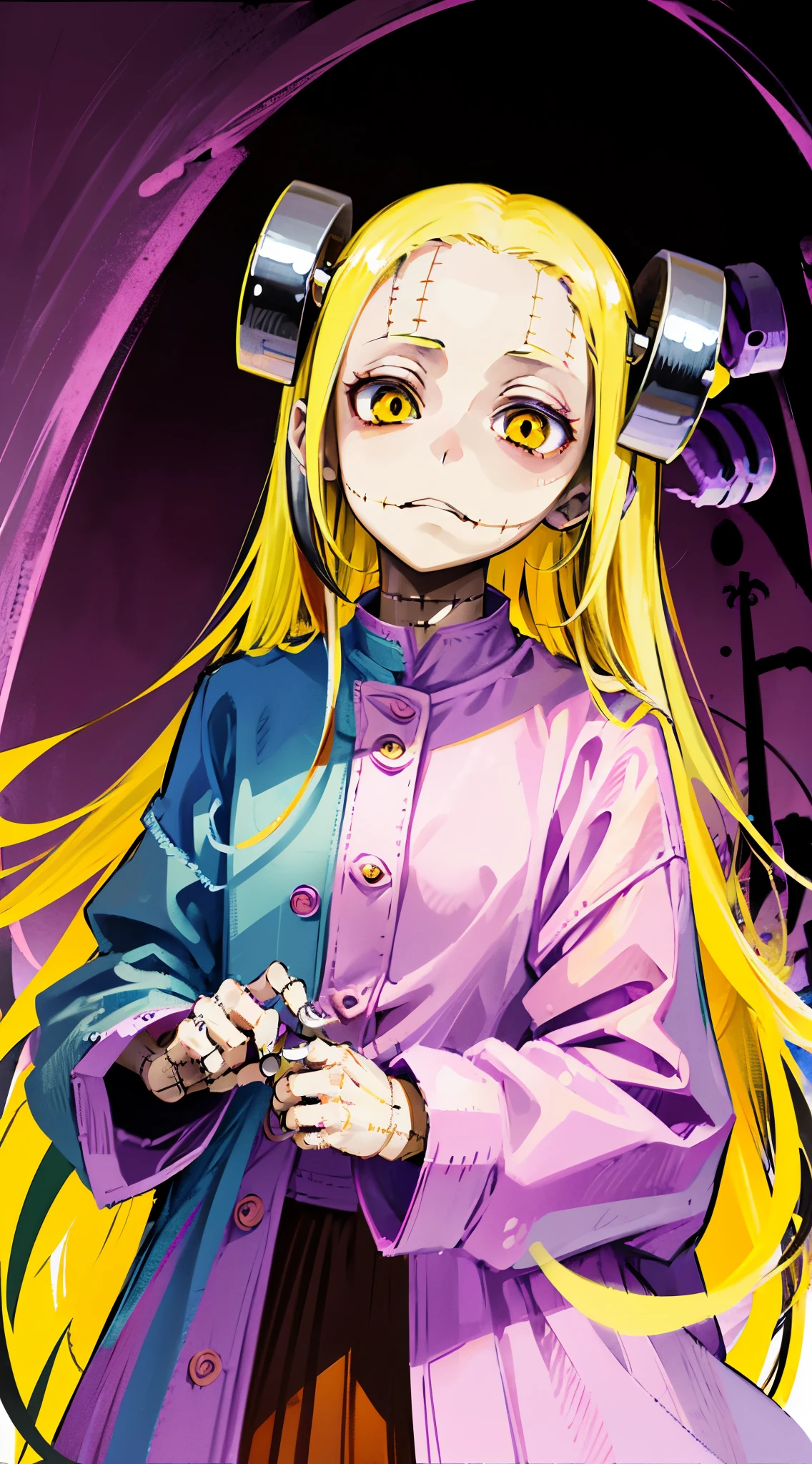 Madaraki_Fran,A girl ,stands,awkward,the madhatter ,surgeon ,wrinkles,concerned,((Points Forward)), hairlong , yellow hair,seams , Scars on the body , A creepy look , scary eyes , An intimidating look , creepy smile , bags under eyes, ((((Tired))))